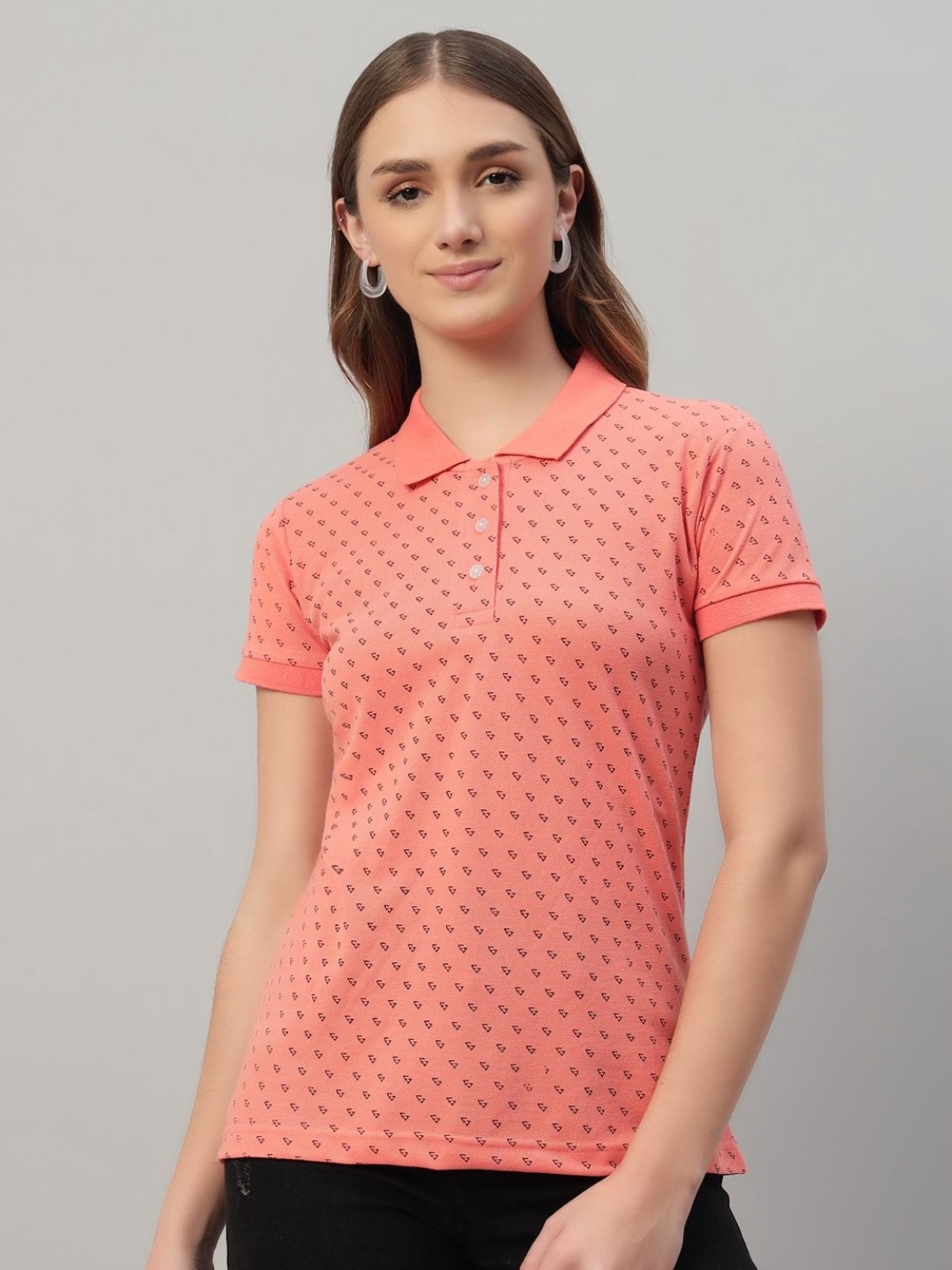 

RISS Women Conversational Printed Polo Collar Cotton T-shirt, Peach