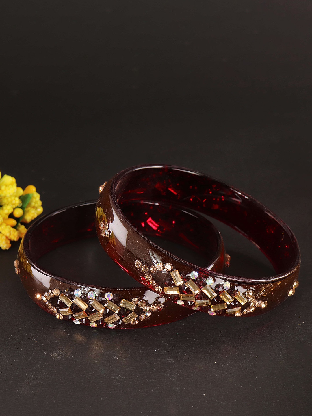 

LAVAZZA Set Of 2 Cubic Zirconia & Crystal Studded Glass Bangles, Maroon