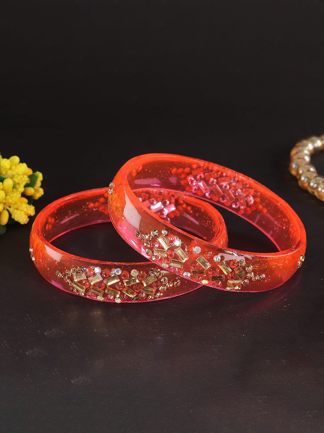 

LAVAZZA Set Of 2 Cubic Zirconia & Crystal Studded Glass Bangles, Rose