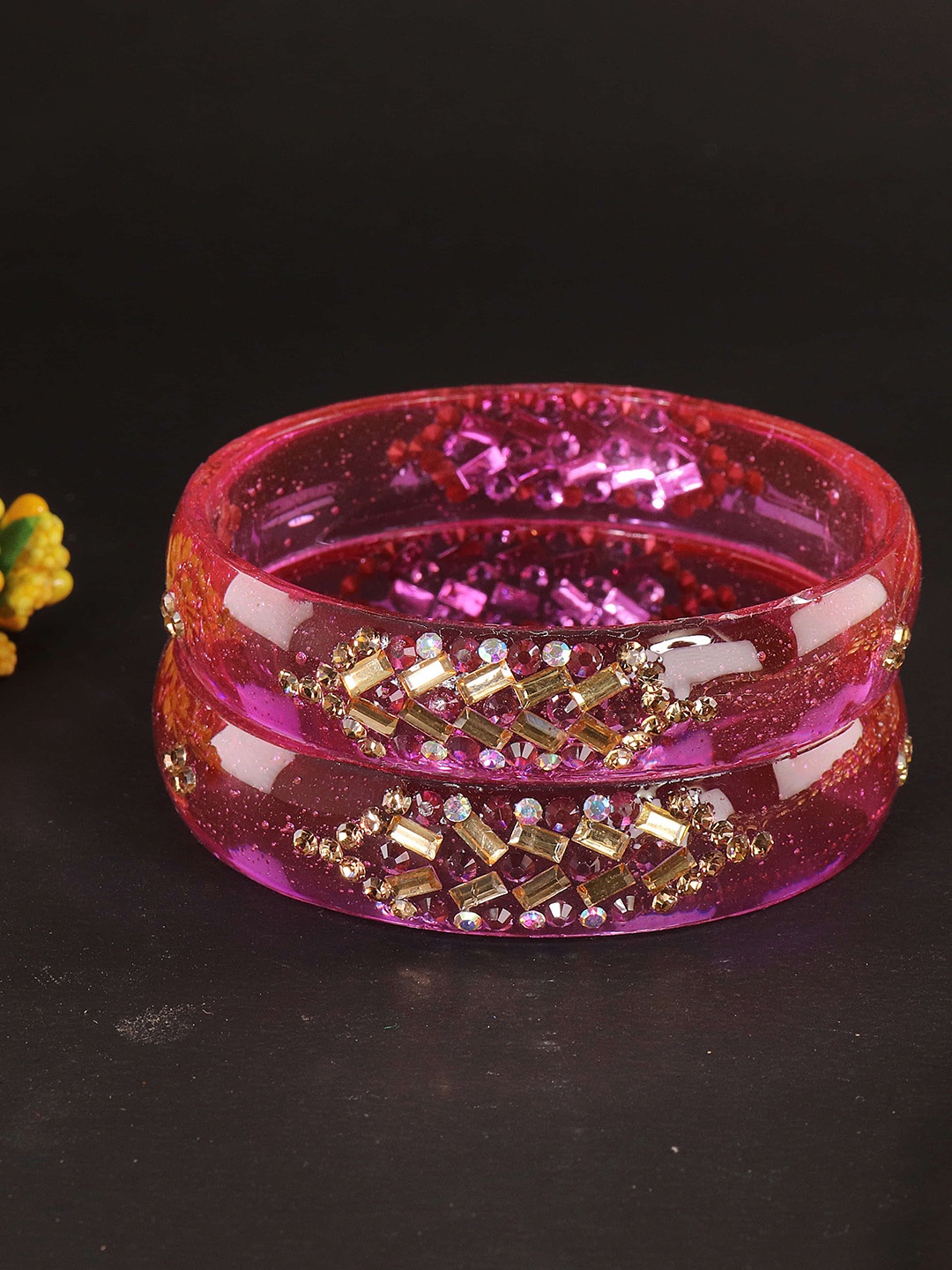 

LAVAZZA Set Of 2 Cubic Zirconia & Crystal Studded Glass Bangles, Pink