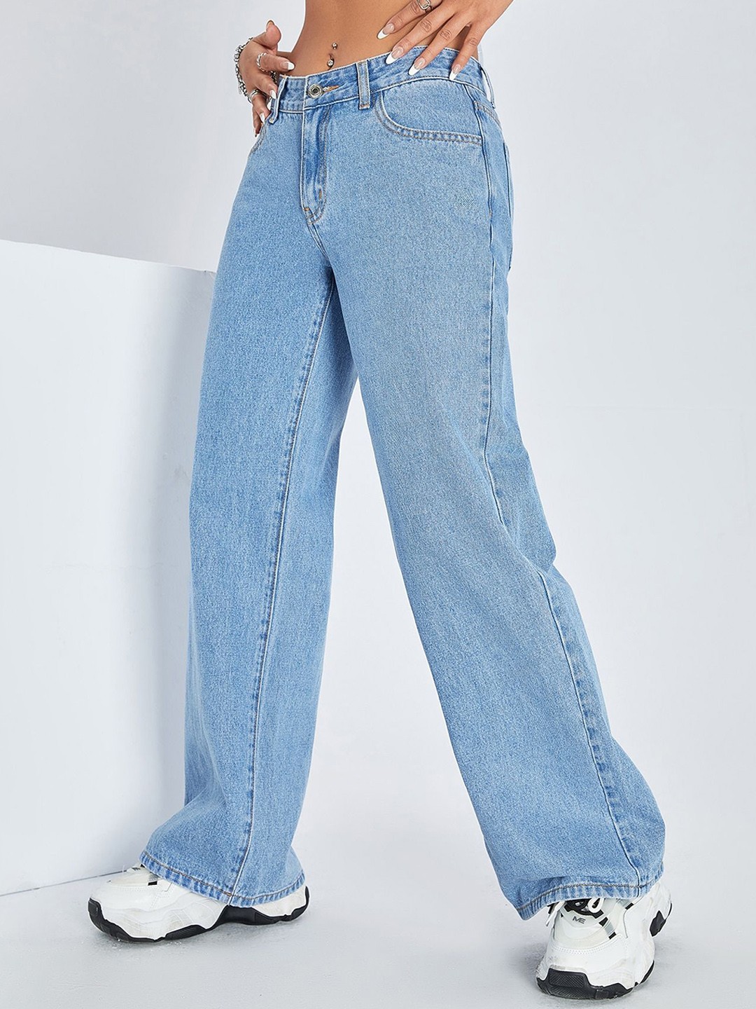 

Glossia Women Comfort Straight Fit High-Rise Light Fade Acid Wash Stretchable Jeans, Blue
