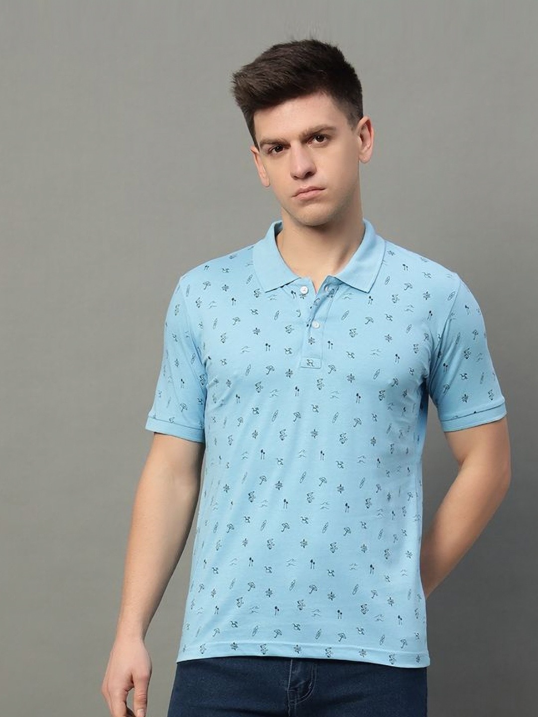 

RISS Men Conversational Printed Polo Collar Cotton T-shirt, Blue
