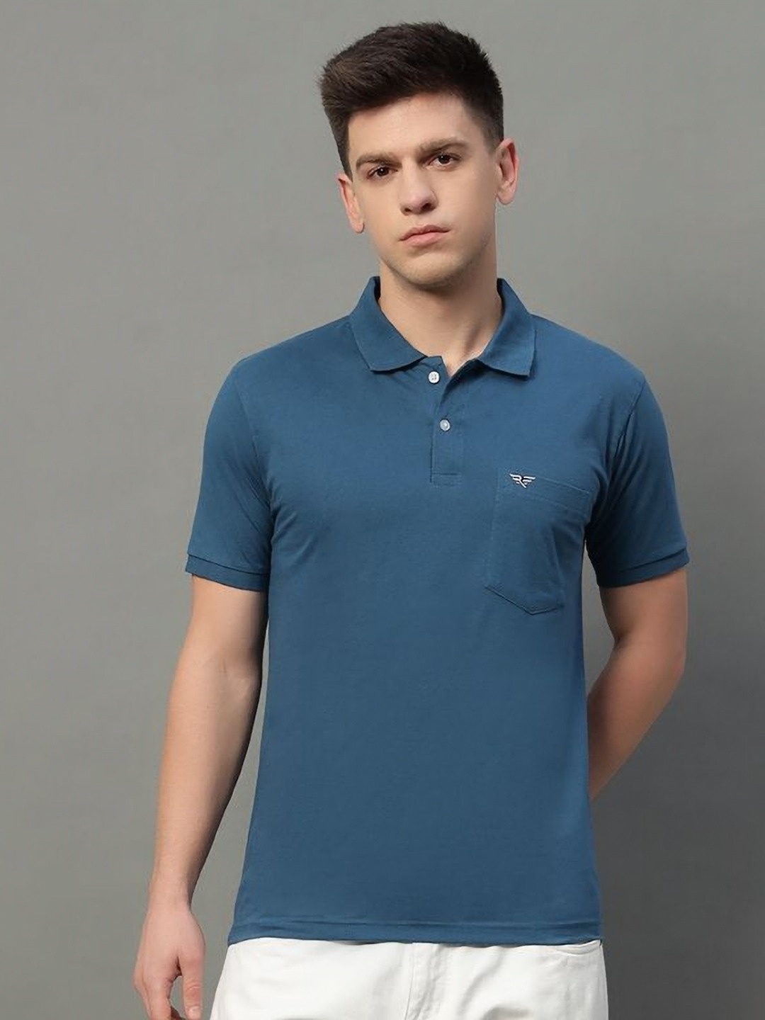 

RISS Men Solid Polo Collar Cotton T-shirt, Teal