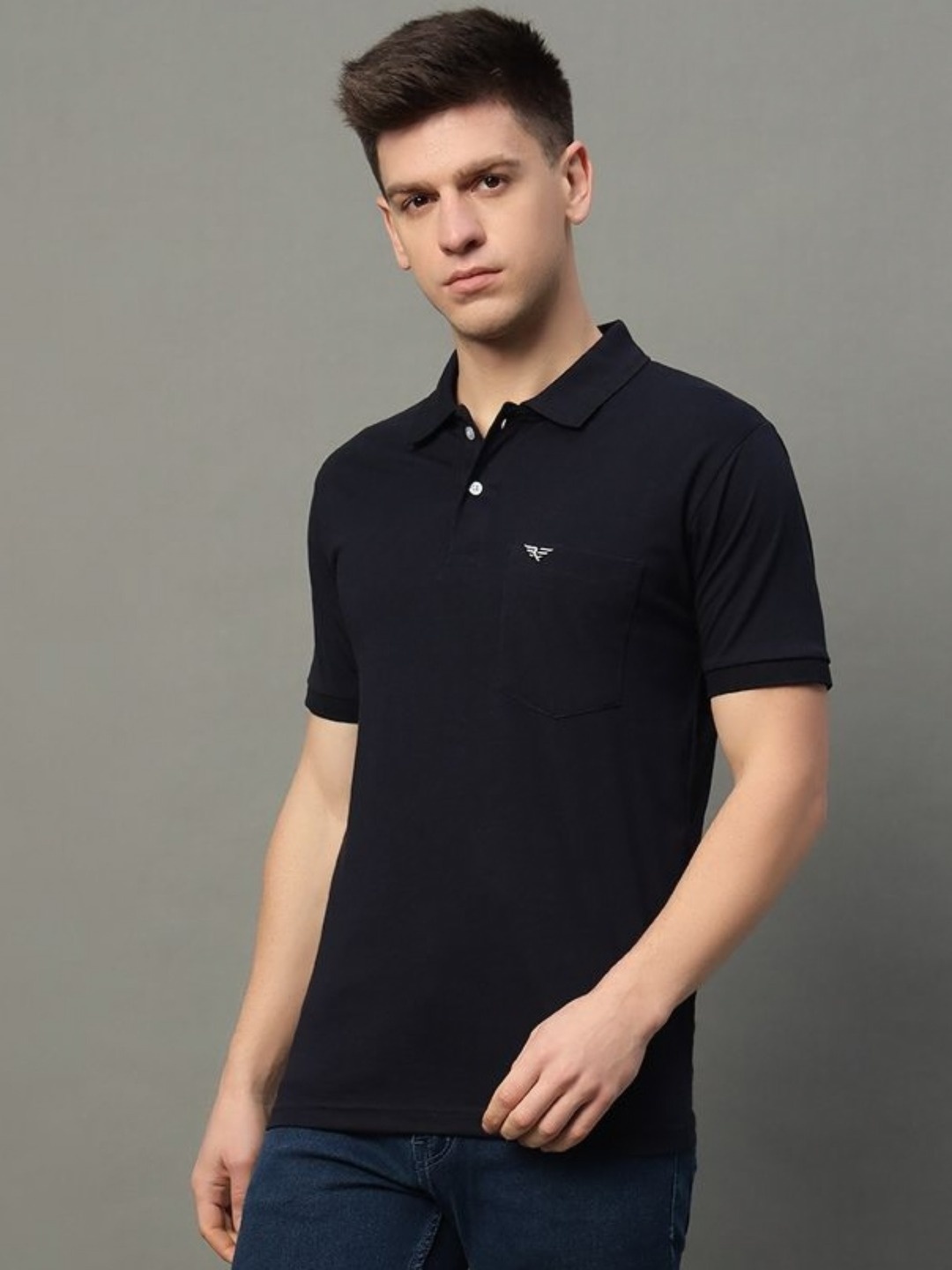 

RISS Men Solid Polo Collar Cotton T-shirt, Navy blue