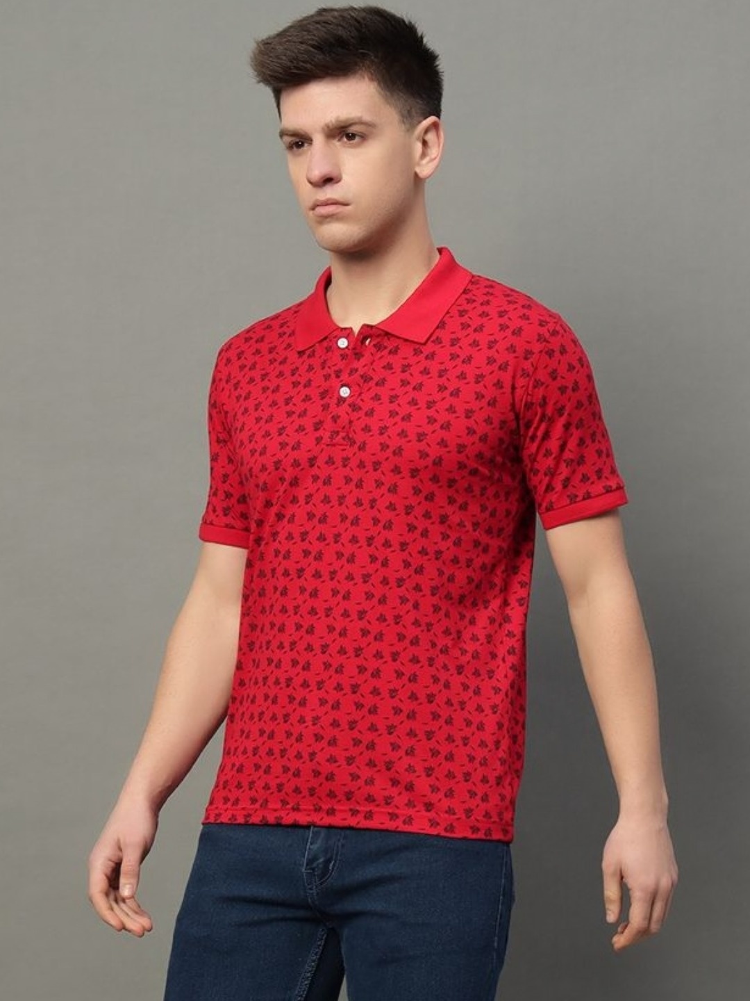 

RISS Men Floral Printed Polo Collar Cotton T-shirt, Red