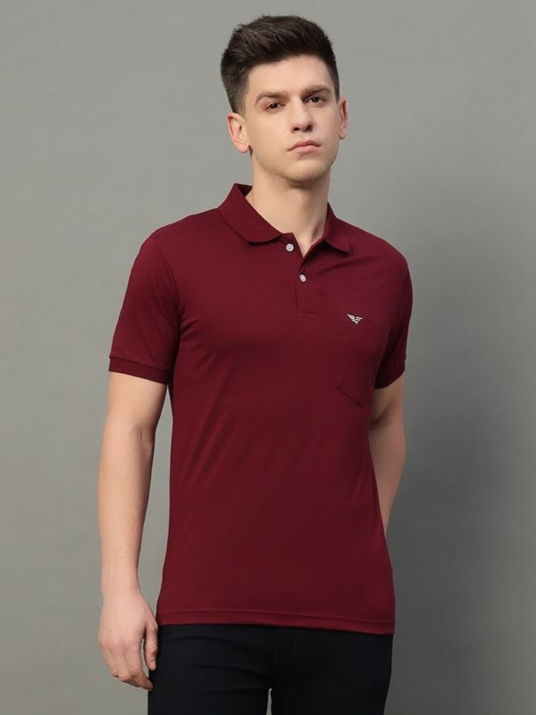 

RISS Men Solid Polo Collar Cotton T-shirt, Maroon