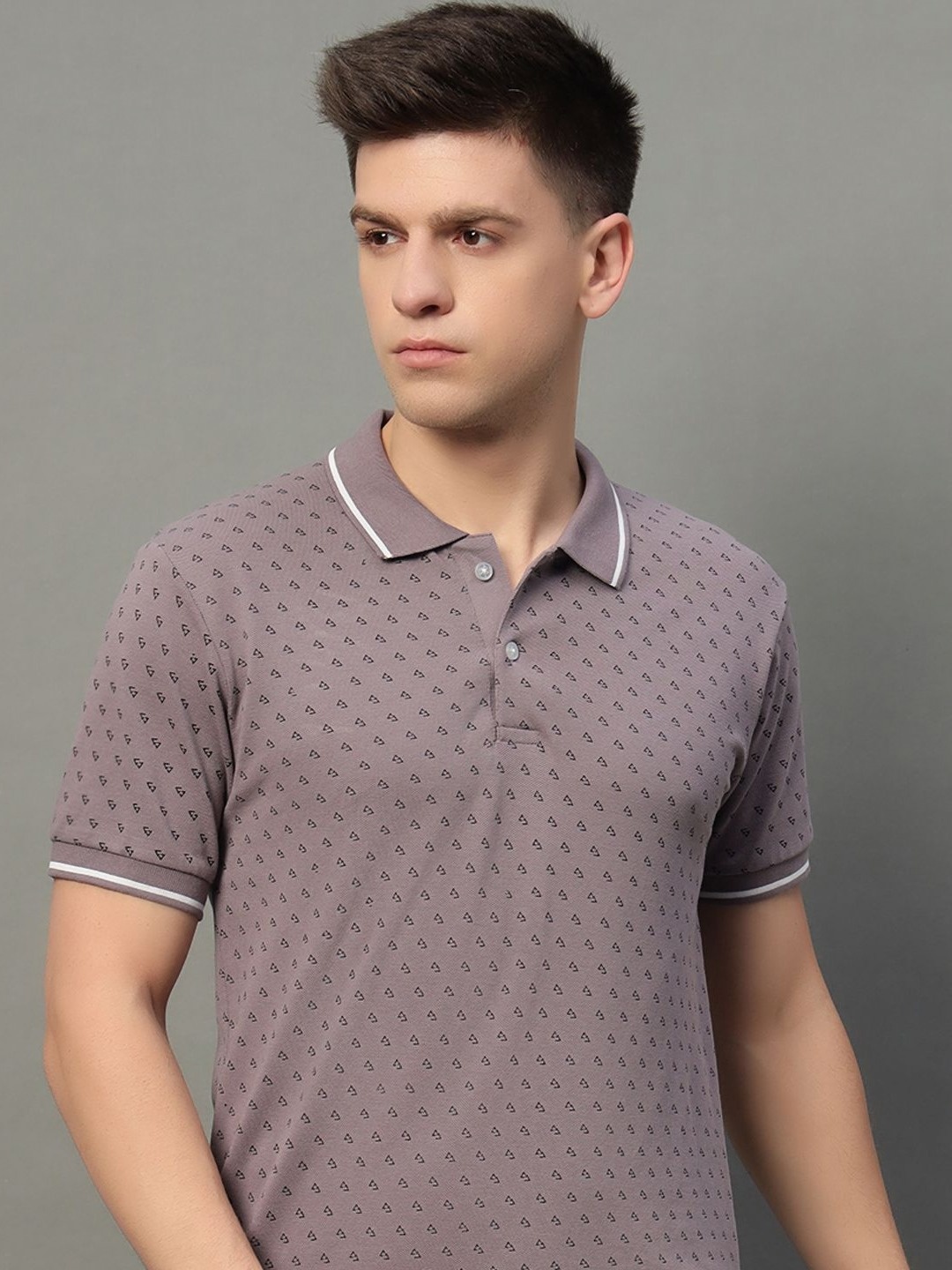 

RISS Men Conversational Printed Polo Collar Cotton T-shirt, Taupe