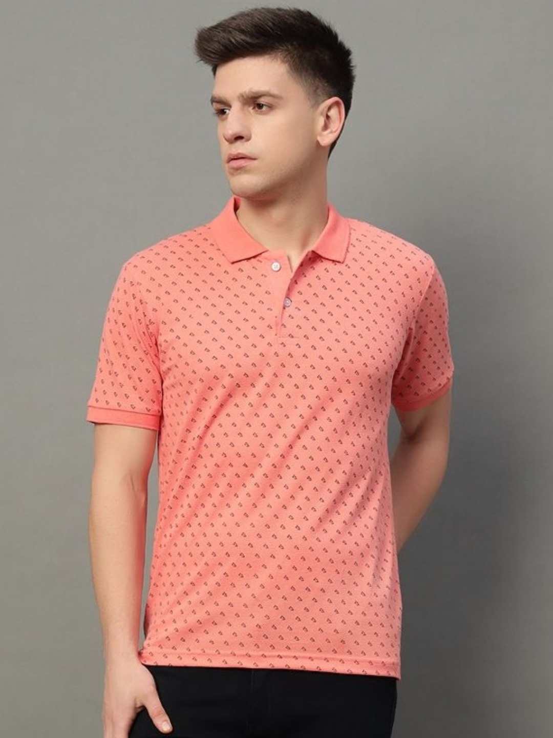 

RISS Men Conversational Printed Polo Collar Cotton T-shirt, Peach