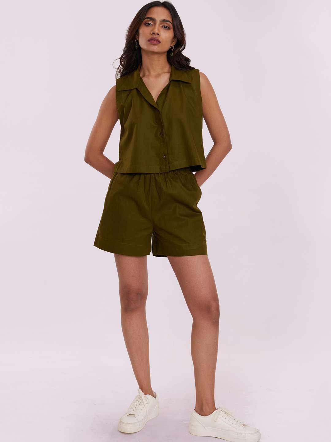 

POPPI Pure Cotton Shirt With Shorts, Olive