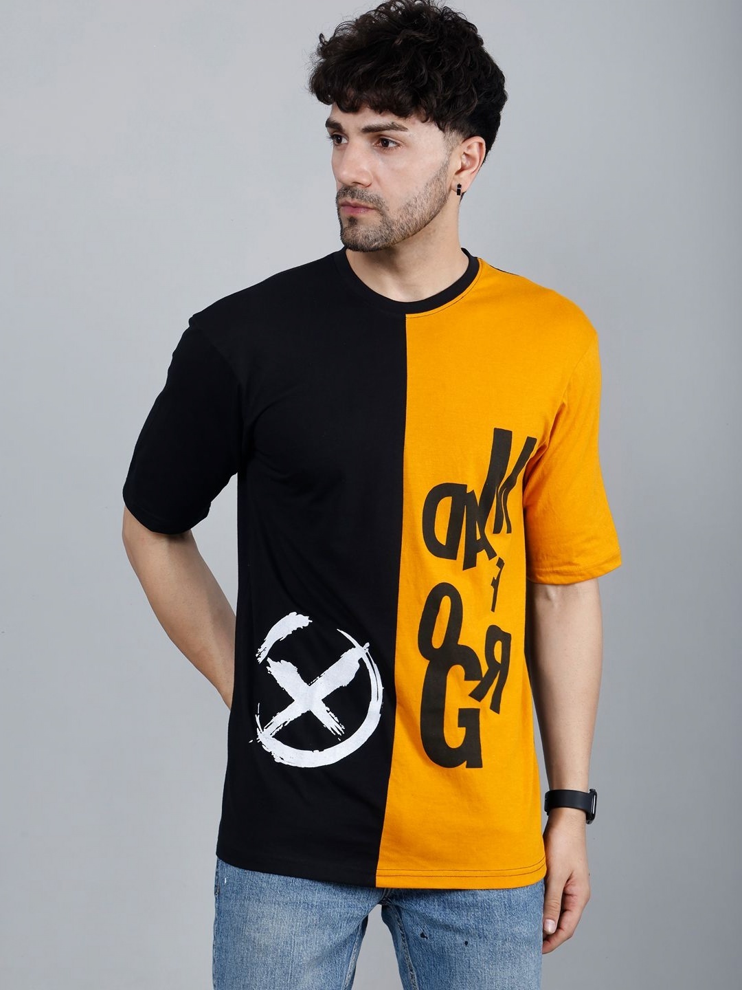 

madfrog Men Colourblocked Round Neck Cotton Oversized T-shirt, Mustard