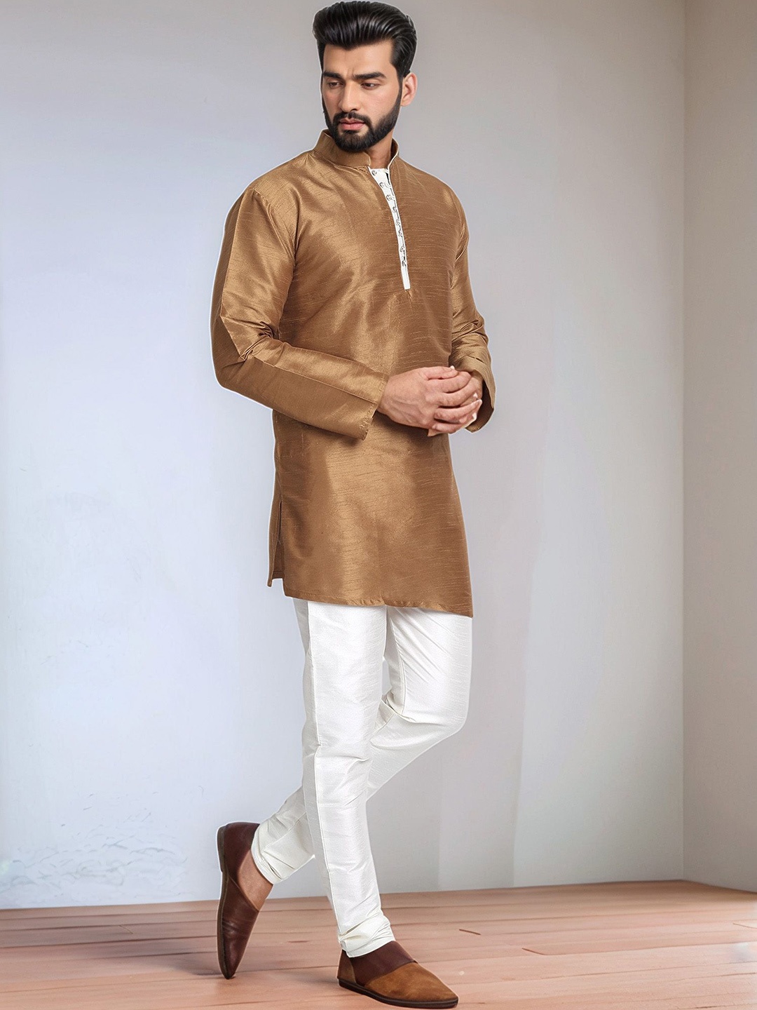 

Moda Rapido Mandarin Collar Straight Kurta With Pyjama, Brown