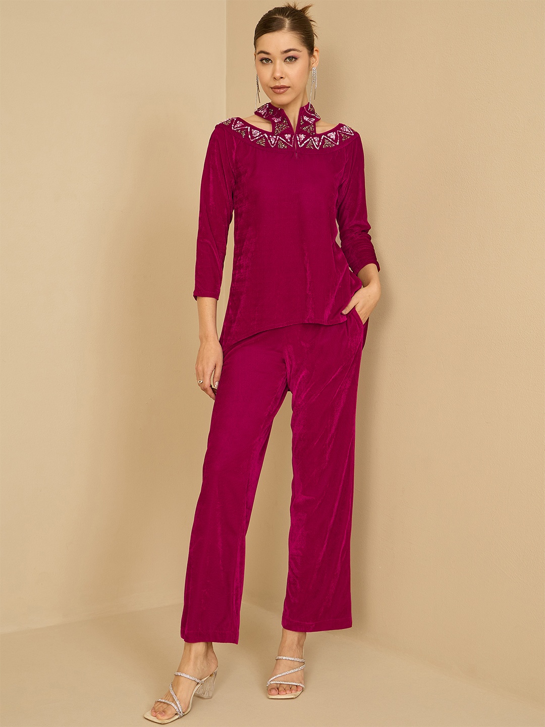 

Antheaa Embellished Halter Neck Velvet Top With Trousers, Pink