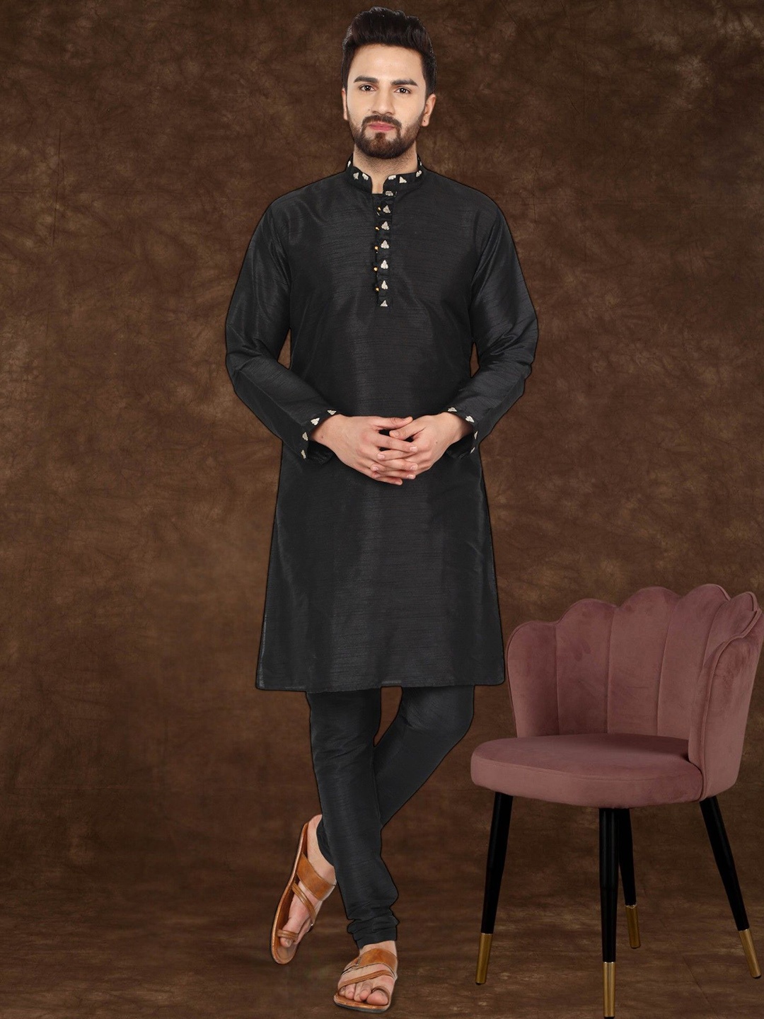 

Moda Rapido Thread Work Mandarin Collar Stones & Beads Work Kurta With Pyjamas, Black