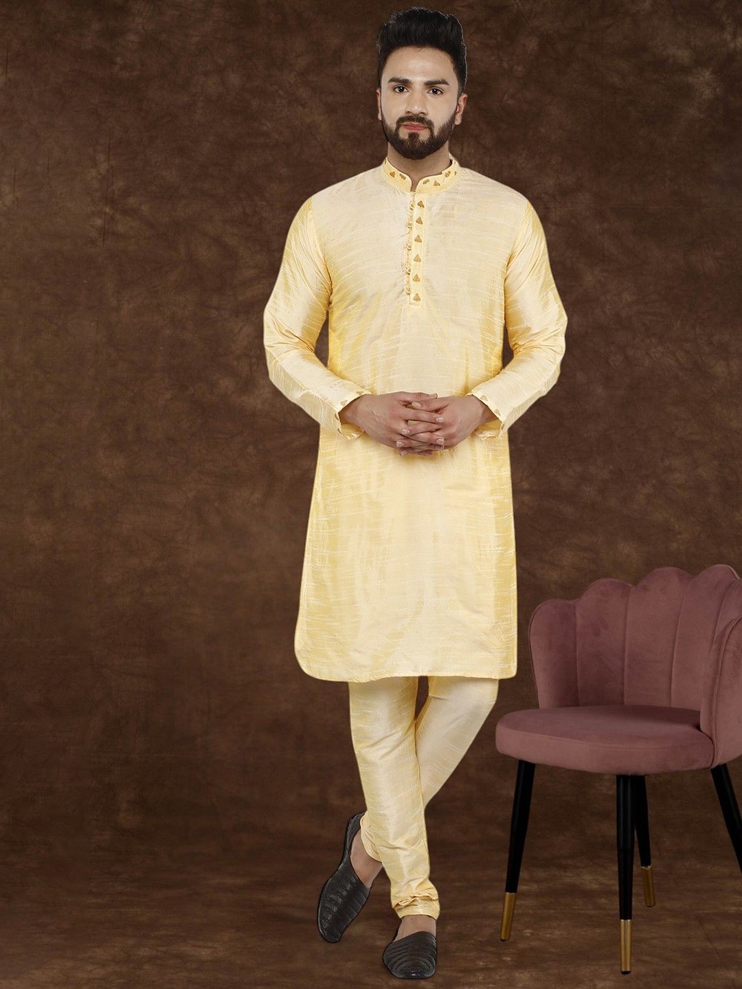 

Moda Rapido Mandarin Collar Thread Work Kurta With Pyjamas, Beige