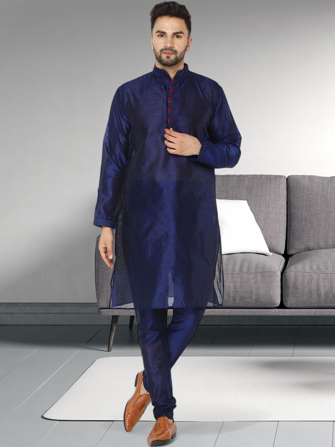 

Moda Rapido Mandarin Collar Stones And Beads Work Thread Work Kurta With Pyjamas, Blue