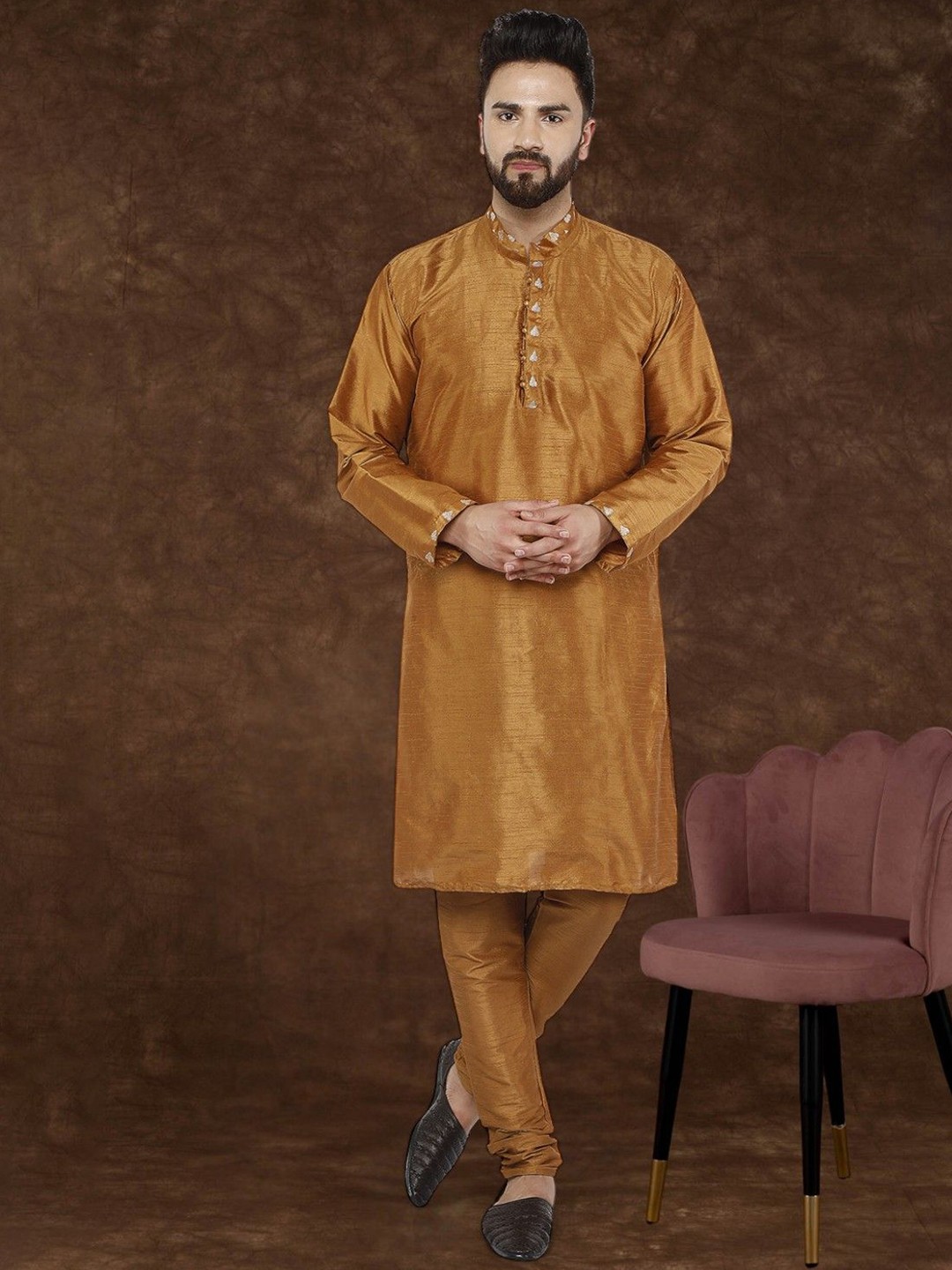 

Moda Rapido Mandarin Collar Stones And Beads Work Thread Work Kurta With Pyjamas, Brown