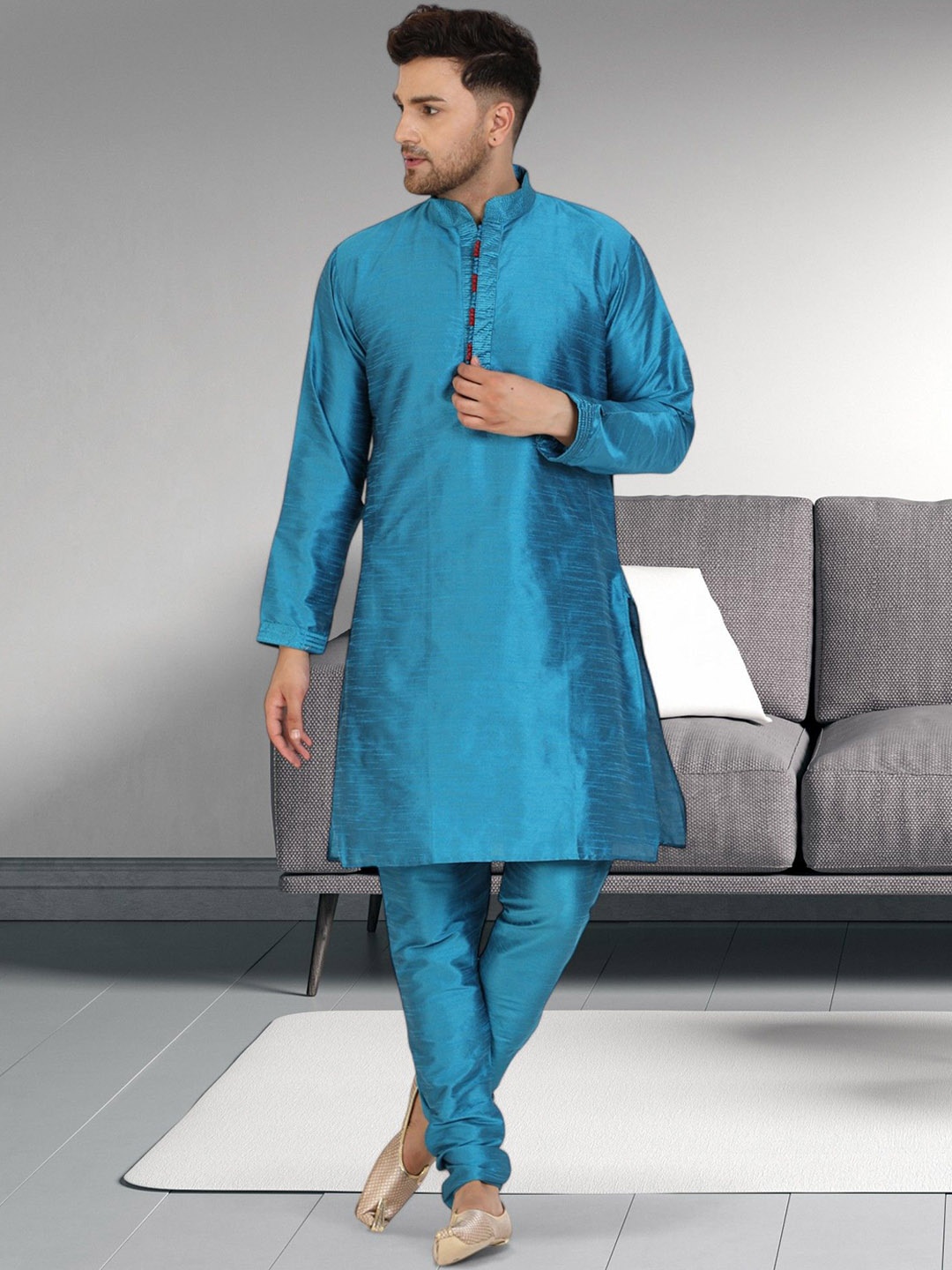 

Moda Rapido Mandarin Collar Stones And Beads Work Thread Work Kurta With Pyjamas, Turquoise blue