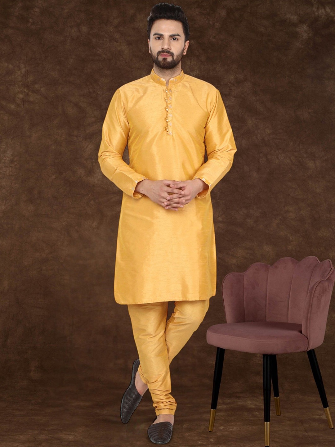 

Moda Rapido Mandarin Collar Stones & Beads Work Kurta With Pyjamas, Yellow