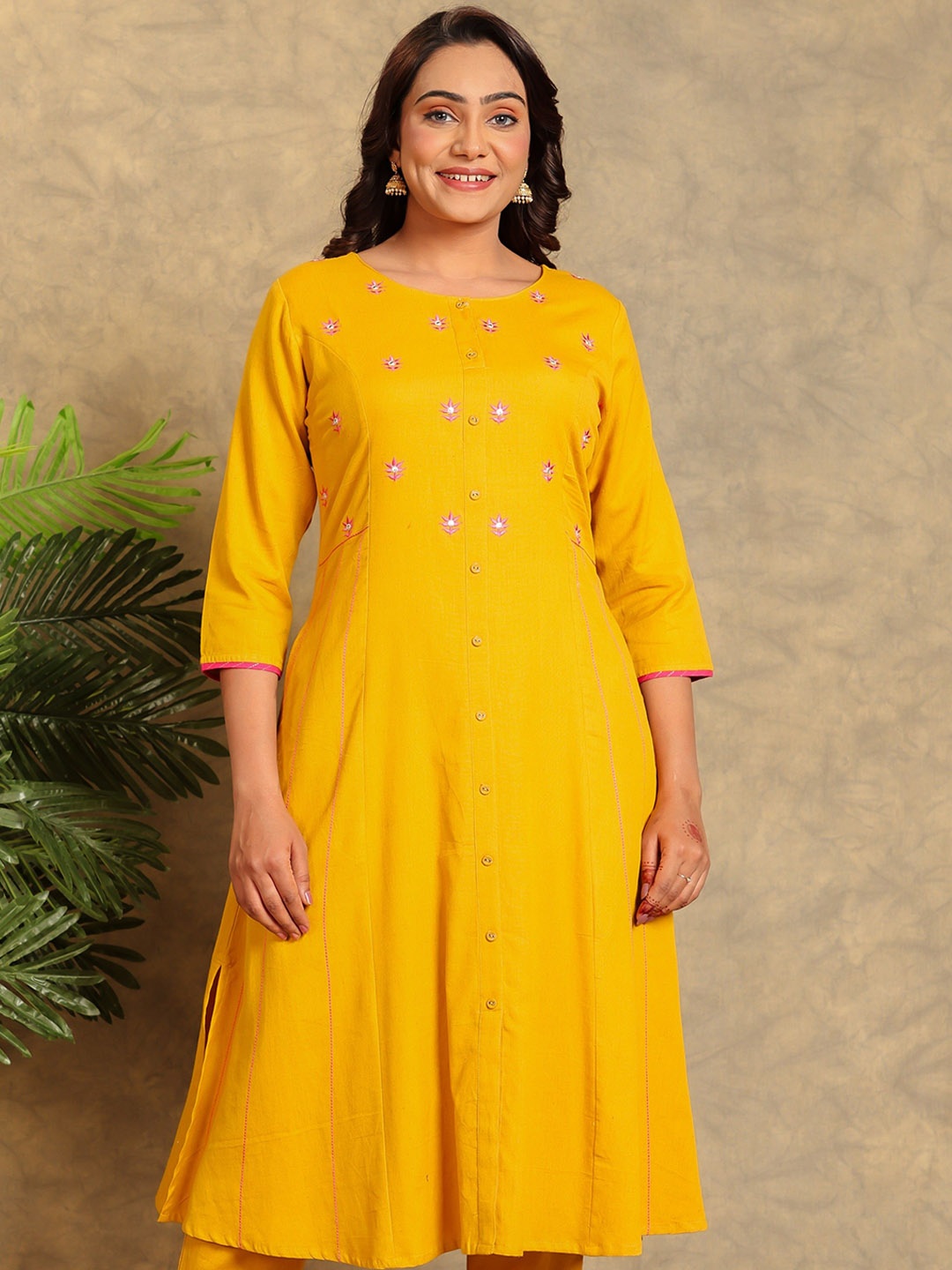 

Aramya Floral Embroidered Round Neck Linen Cotton A-Line Kurta, Yellow