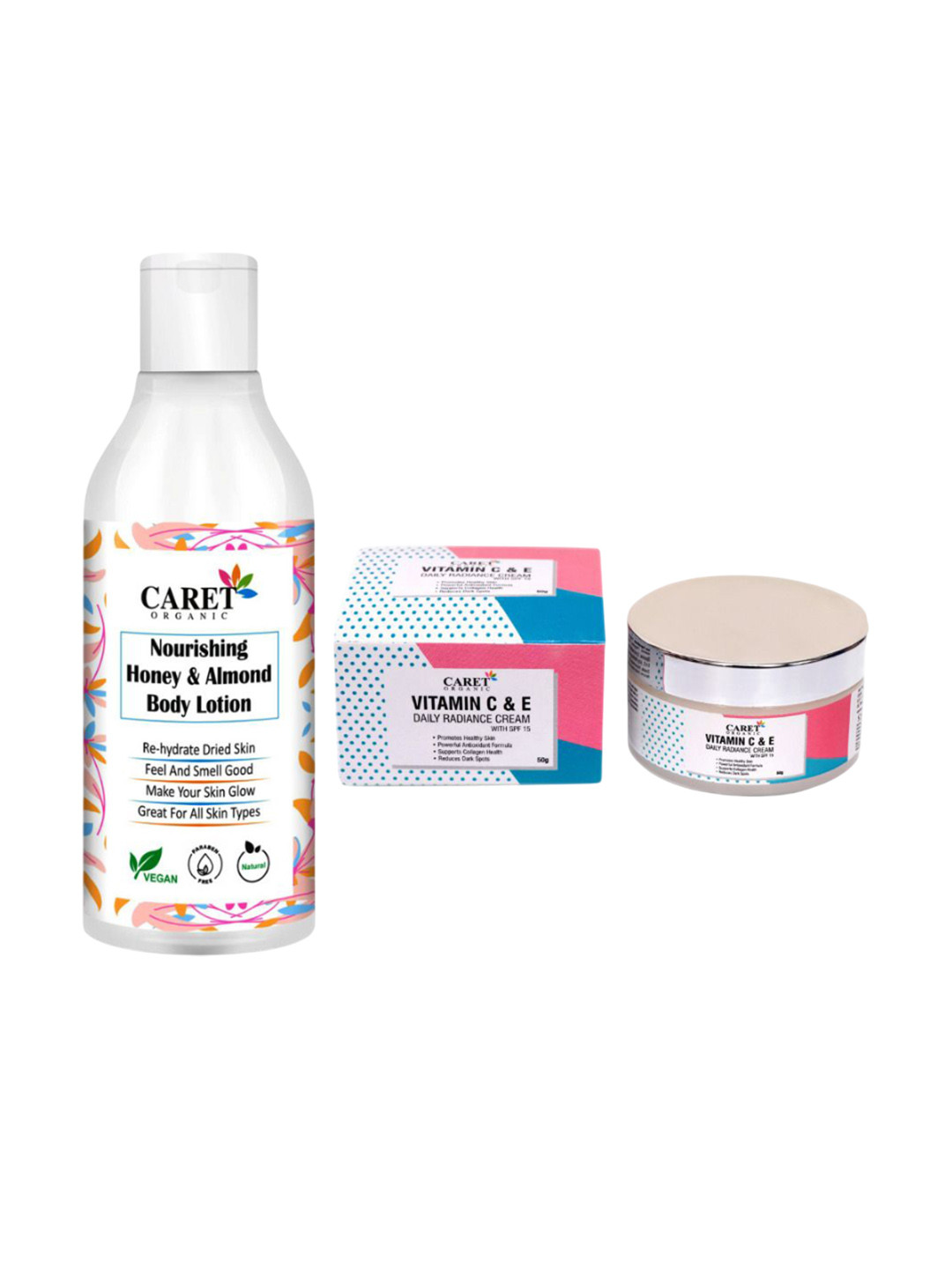 

CARET ORGANIC Set Of 2 Vitamin C & E Cream & Honey Almond Body Lotion, White