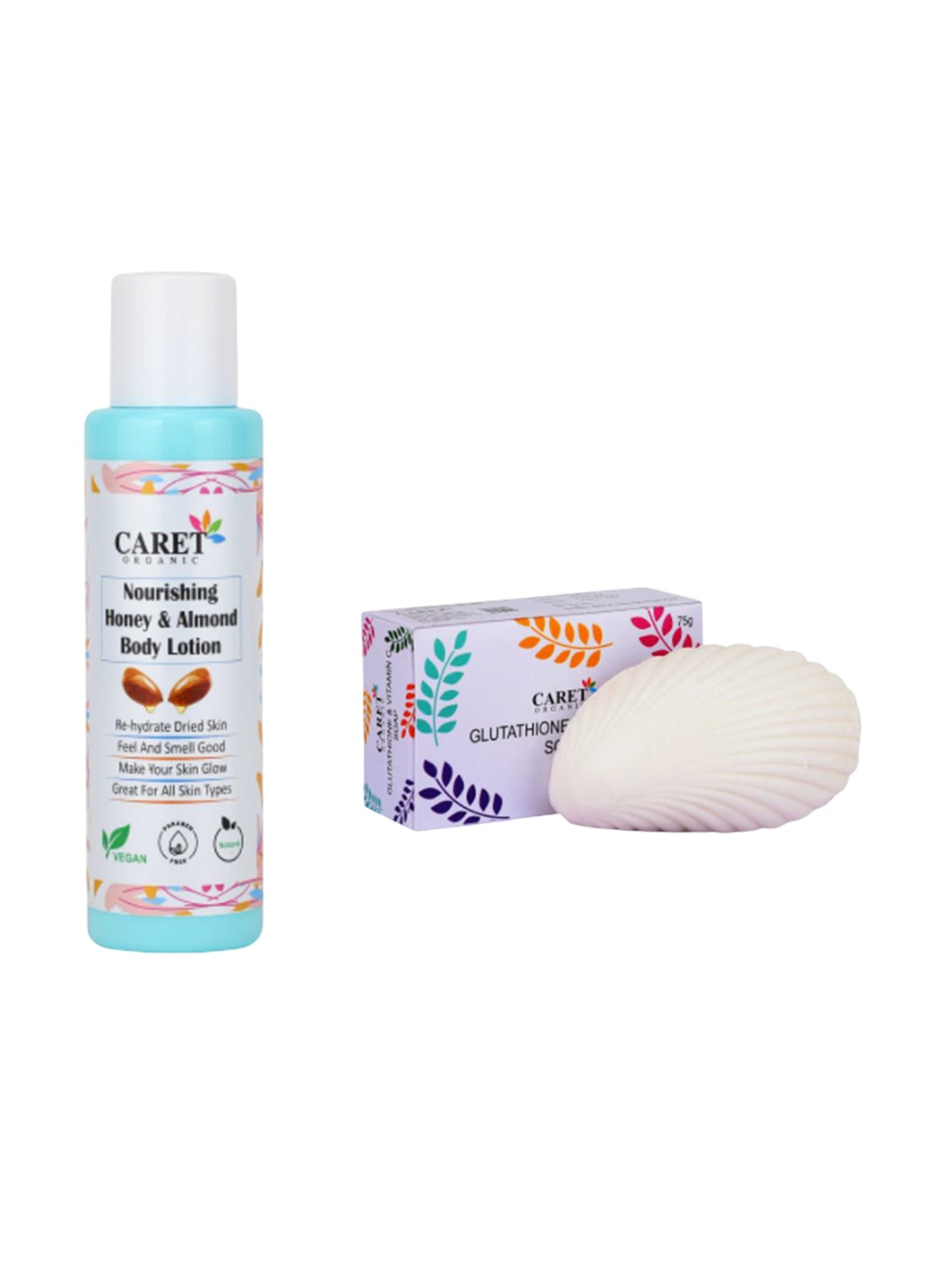 

CARET ORGANIC Set Of 2 Almond Honey Body Lotion- 100 ml & Glutathione,Vitamin C Soap- 75g, White