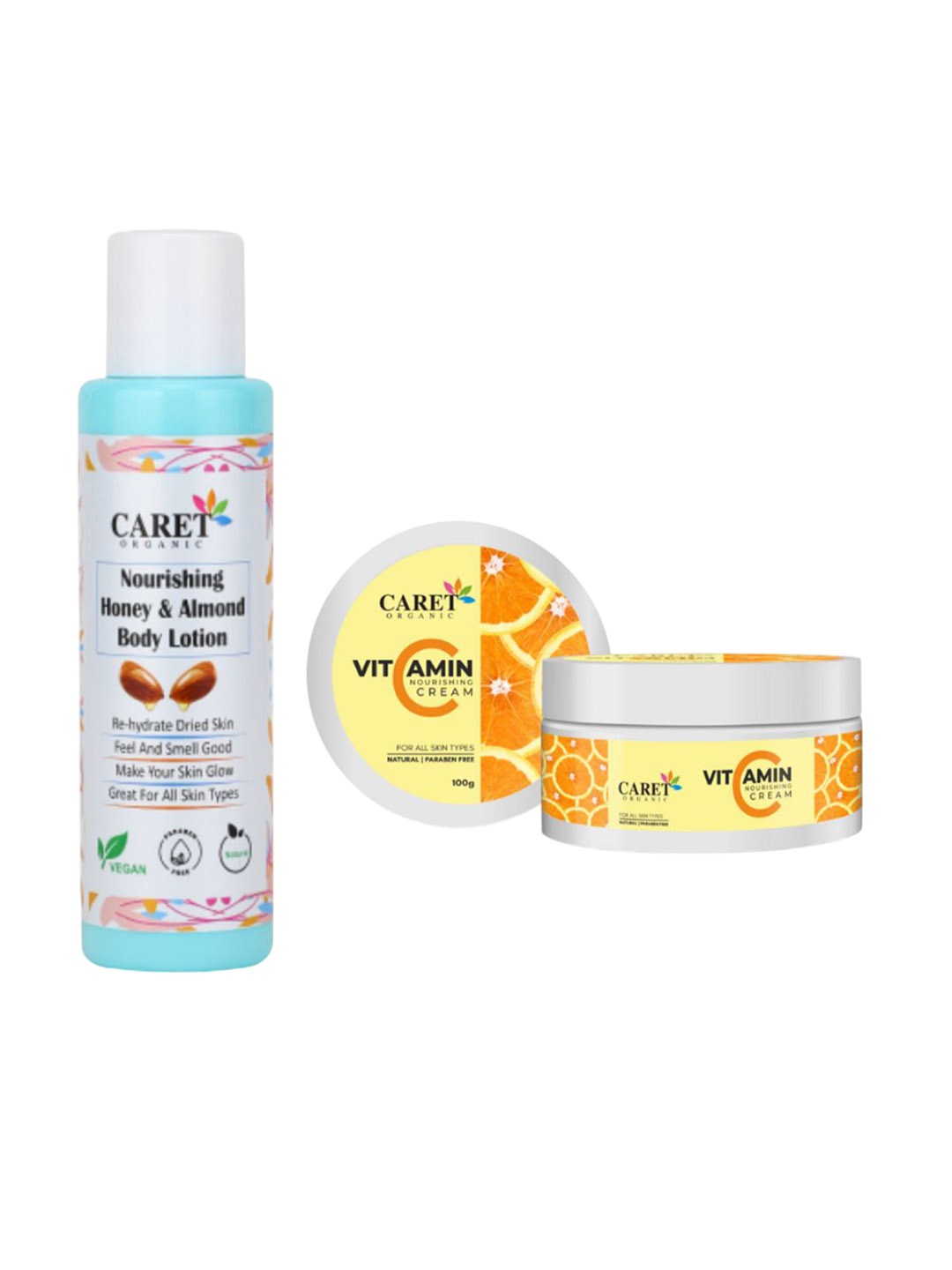 

CARET ORGANIC Set Of 2 Almond Body Lotion & Vitamin C Nourishing Cream, White
