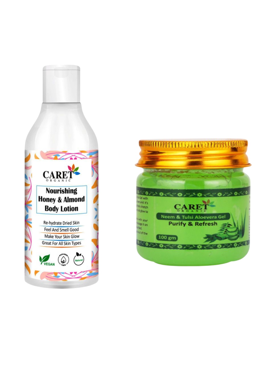 

CARET ORGANIC Set Of 2 Almond Body Lotion - 250 ml & Aloevera, Neem Gel - 100 g, White