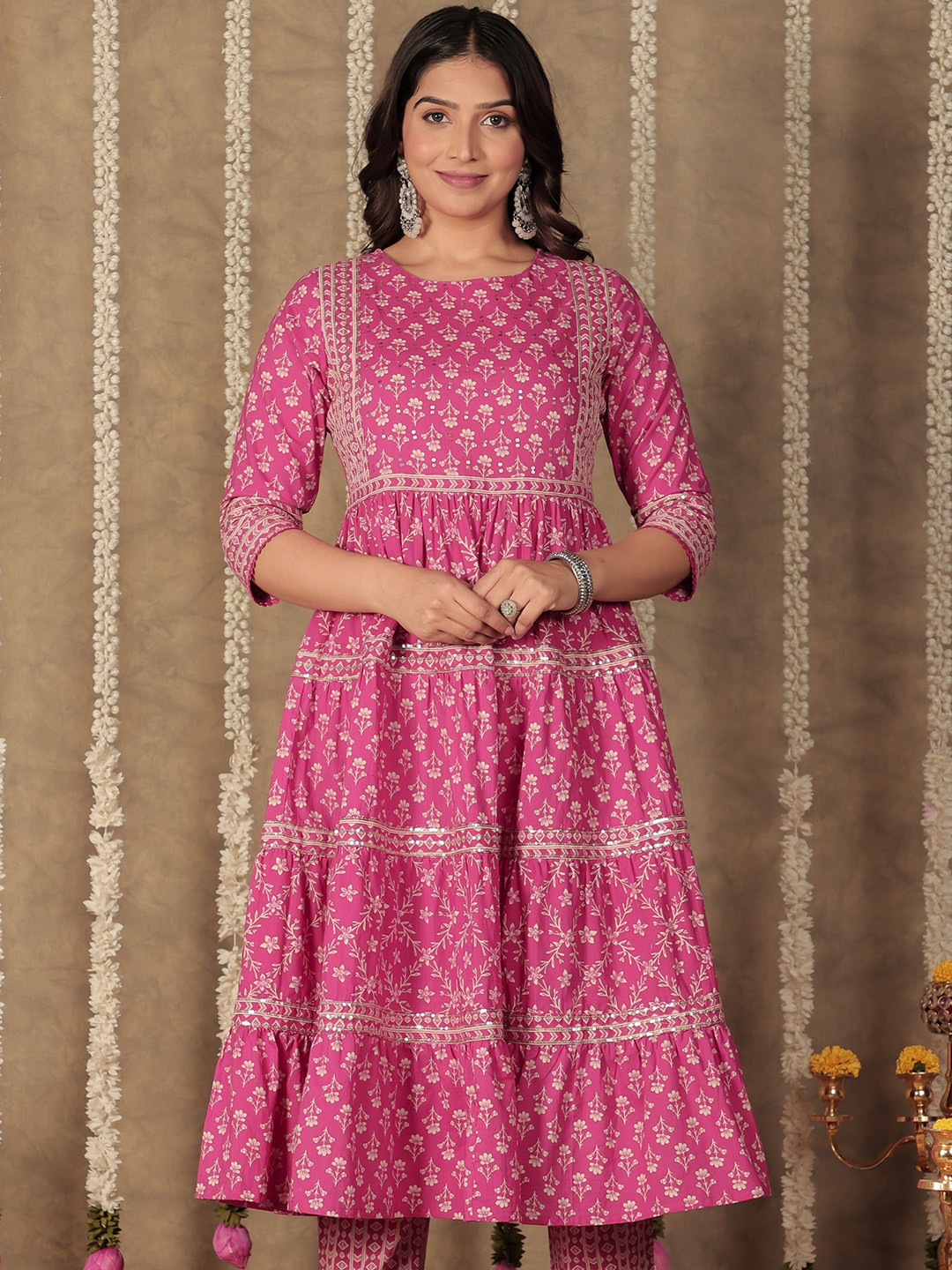

Aramya Floral Printed Embroidered Cotton Sequins Anarkali Kurta, Pink