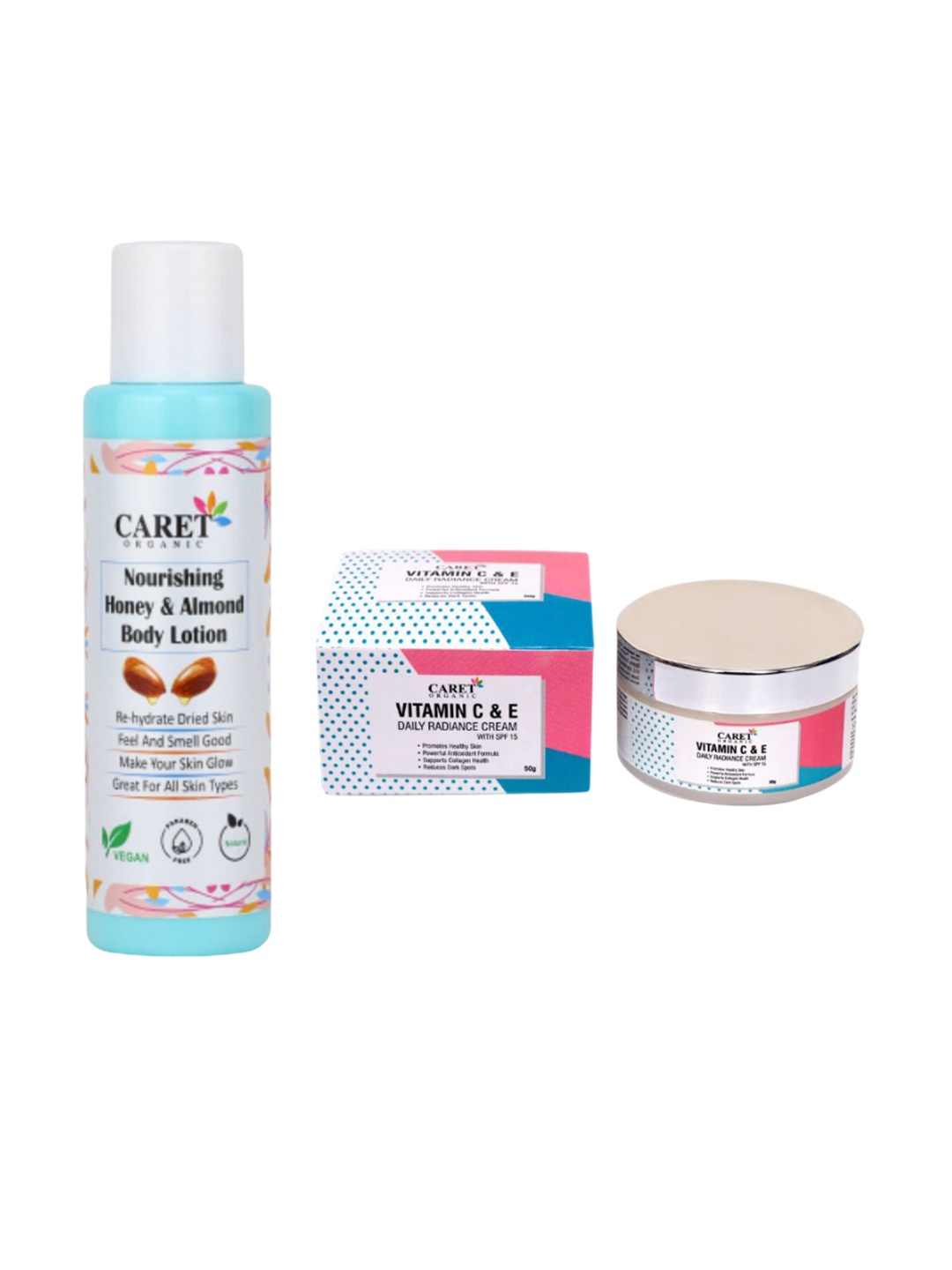 

CARET ORGANIC Set Of 2 Vitamin C & E Cream With Honey Almond Body Lotion, White