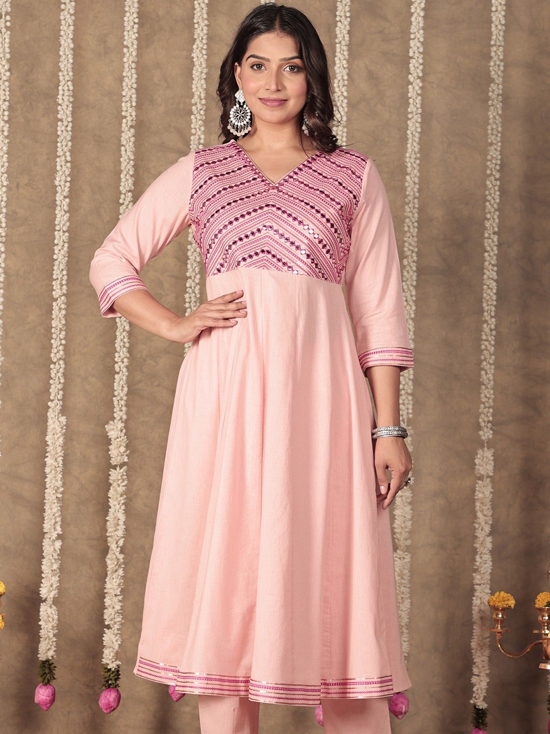 

Aramya V-Neck Panelled Mirror Work Cotton Anarkali Kurta, Pink
