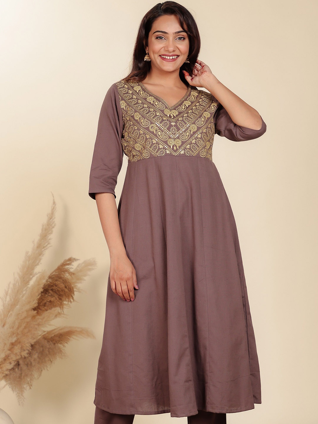 

Aramya V-Neck Panelled Thread Work Cotton Anarkali Kurta, Brown