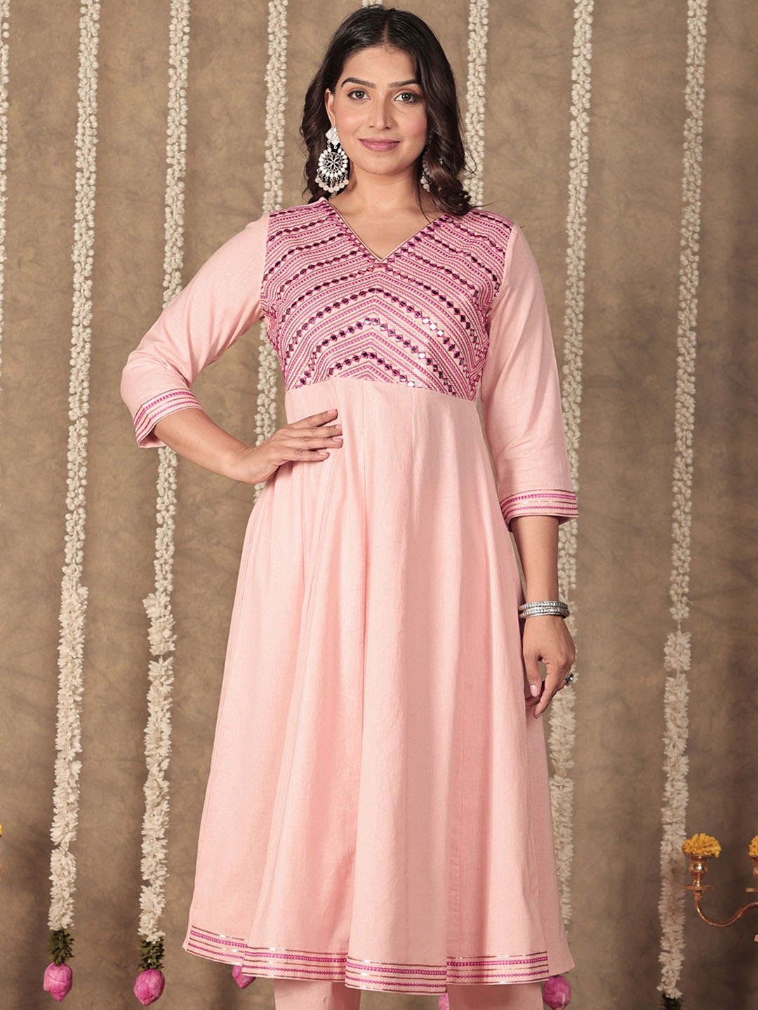 

Aramya Embroidered V-Neck Cotton Mirror Work Anarkali Kurta, Pink