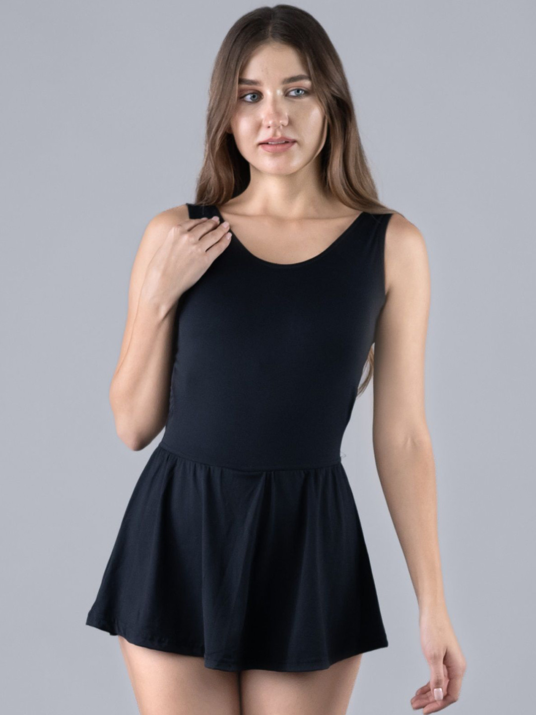 

Keepfit Women Round Neck Padded Swimming Dress, Black