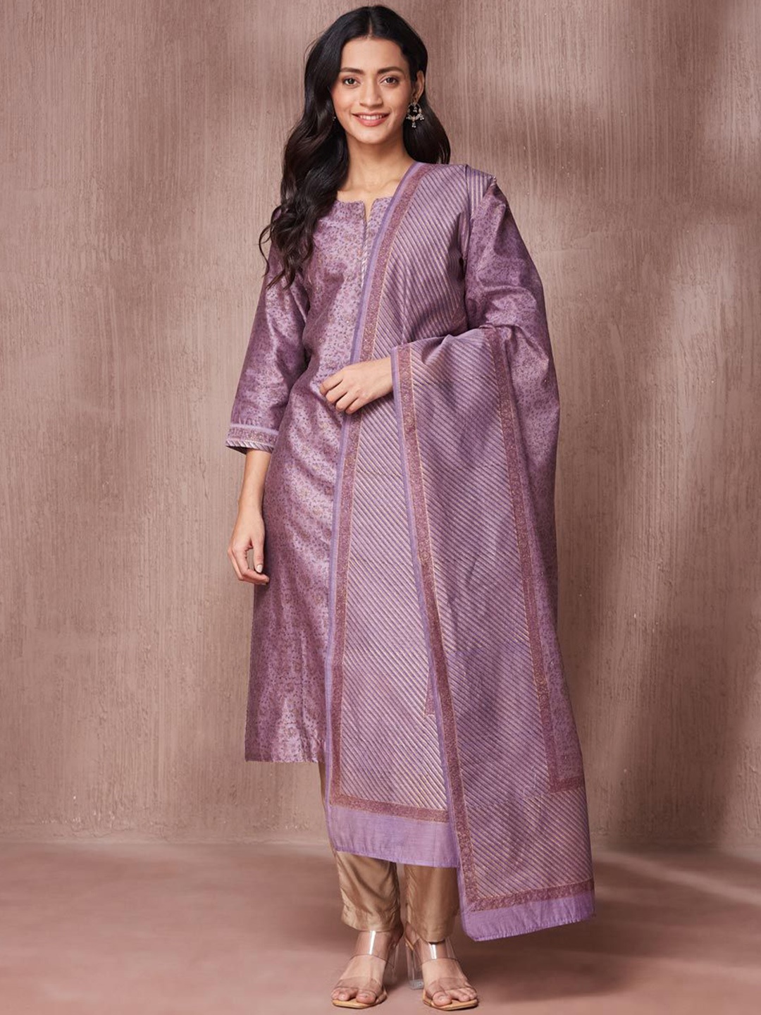 

Fabindia Floral Printed Notch Neck Sequinned Straight Kurta With Trouser And Dupatta, Purple