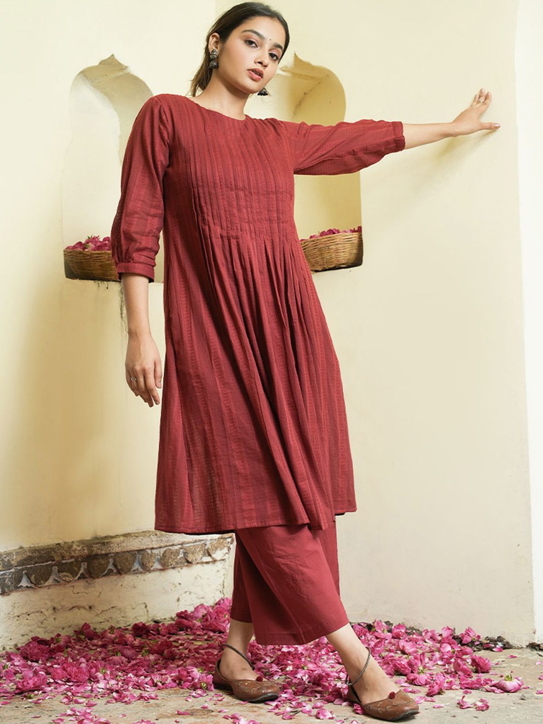 

JITI Striped Round Neck Pure Cotton A-Line Kurta With Palazzos, Maroon