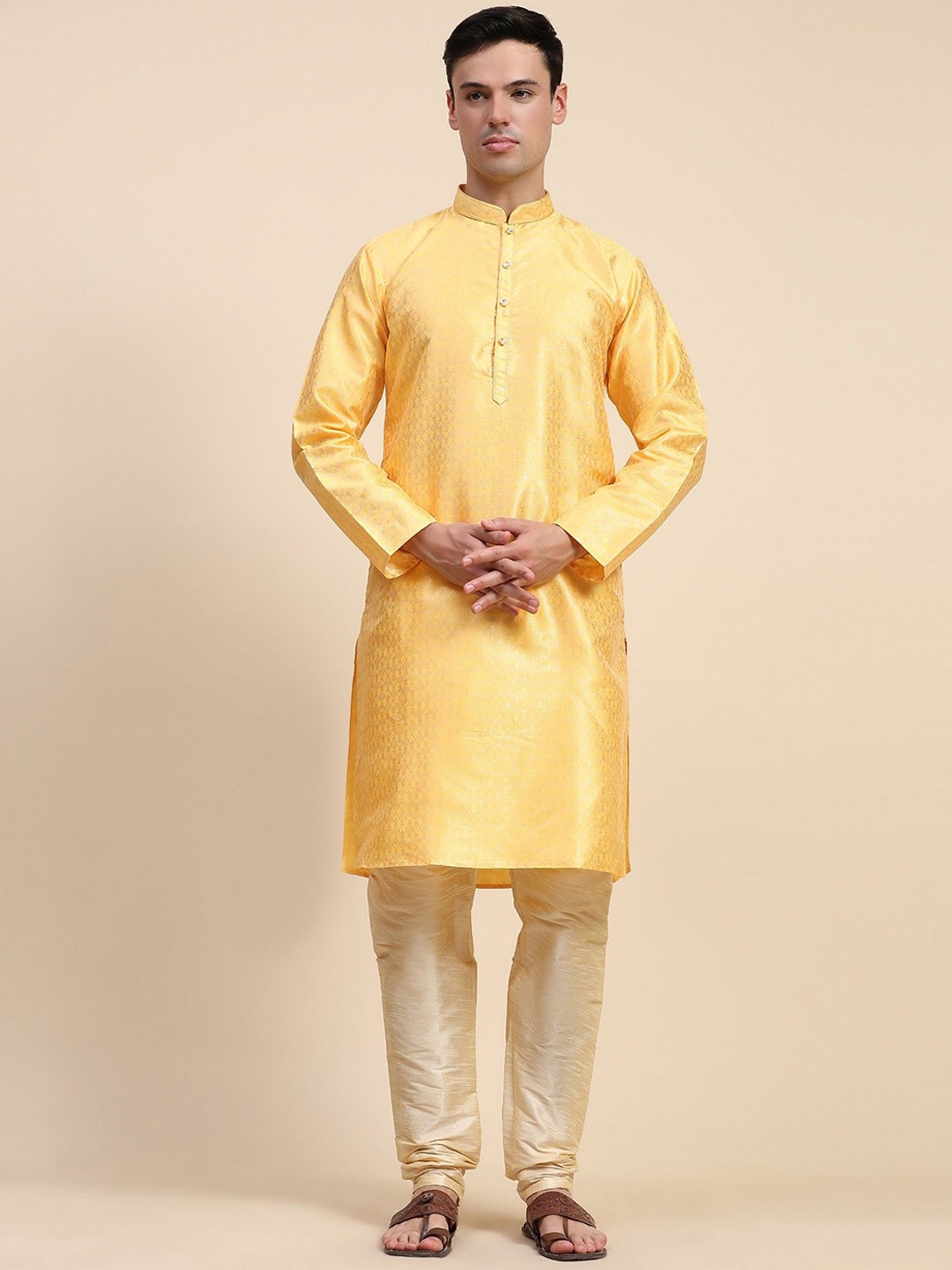 

Moda Rapido Ethnic Motifs Printed Mandarin Collar Thread Work Kurta With Pyjamas, Yellow