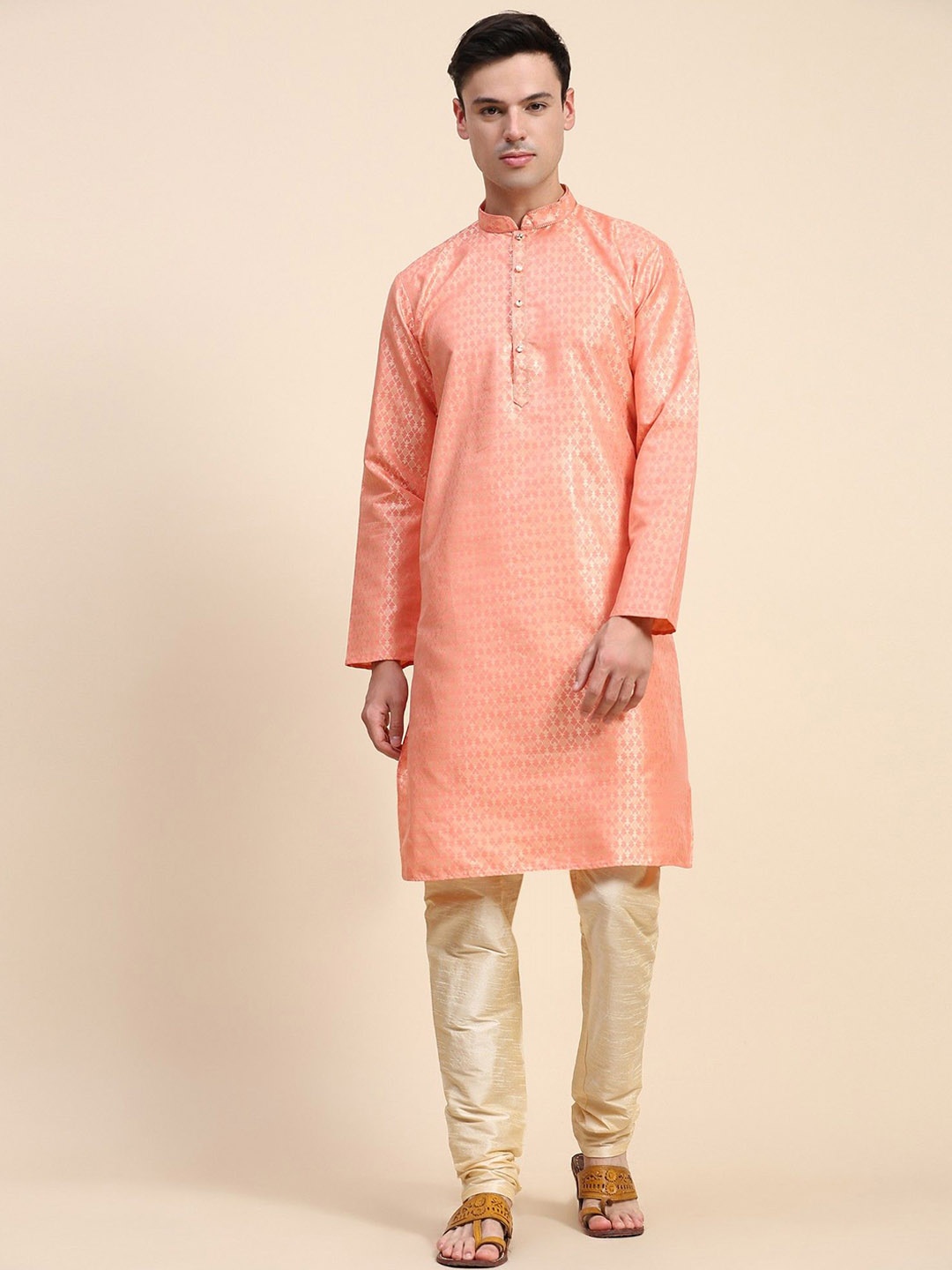 

Moda Rapido Ethnic Motifs Printed Mandarin Collar Stones And Beads Work Kurta With Pyjamas, Peach