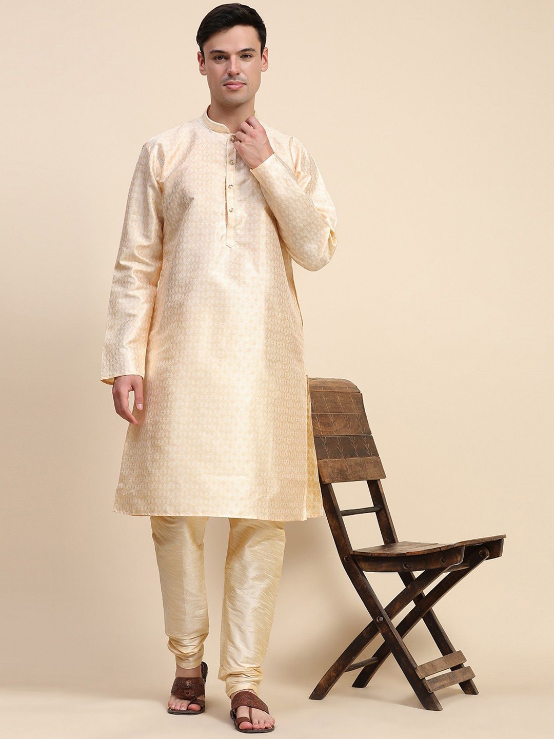 

Moda Rapido Woven Design Mandarin Collar Straight Kurta With Pyjamas, Beige