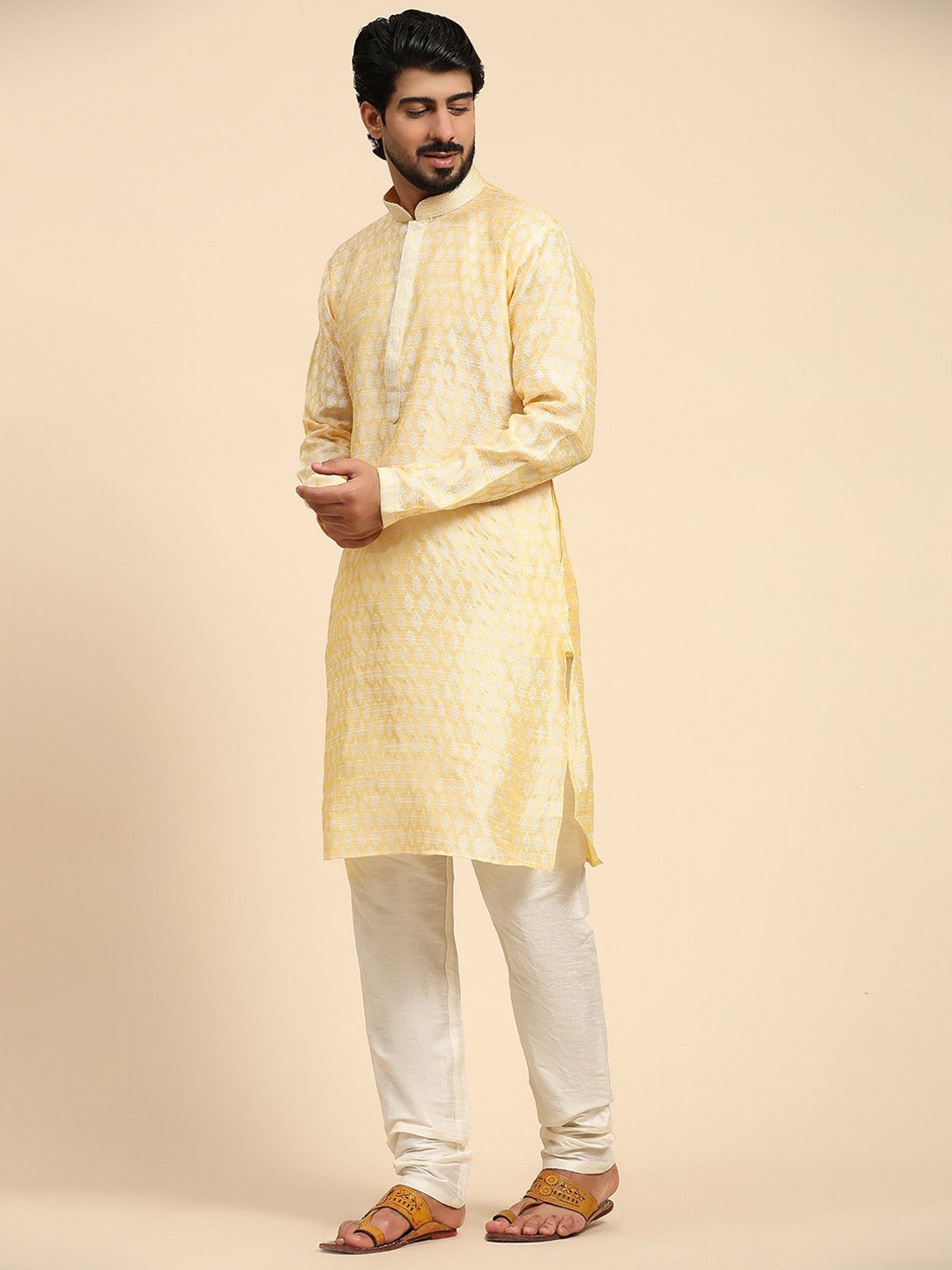 

Moda Rapido Floral Woven Design Mandarin Collar Straight Kurta With Pyjamas, Beige