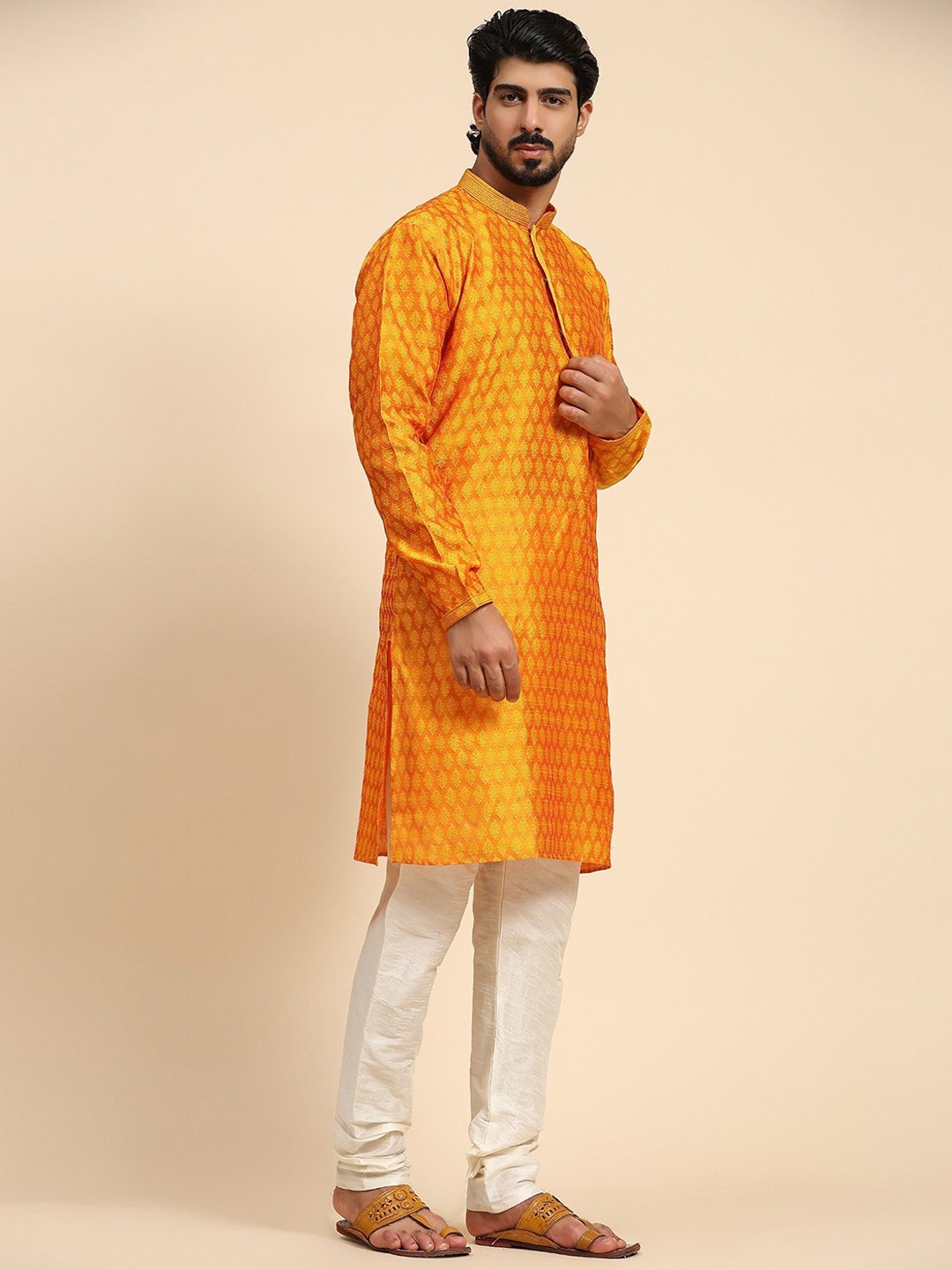 

Moda Rapido Ethnic Motifs Printed Mandarin Collar Thread Work Kurta With Pyjamas, Orange