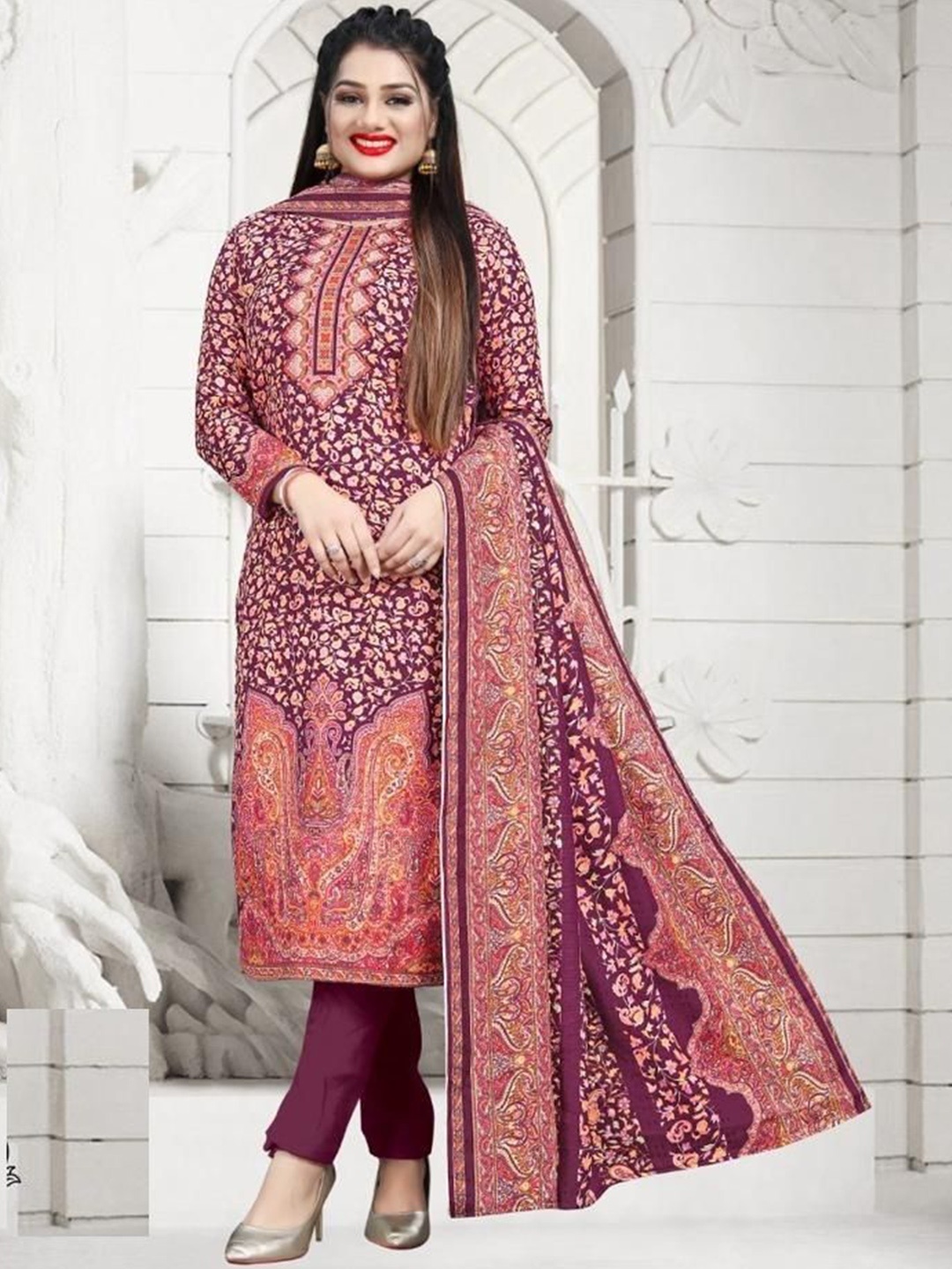 

REET MAHAL Ethnic Motifs Printed Pashmina Unstitched Dress Material, Purple
