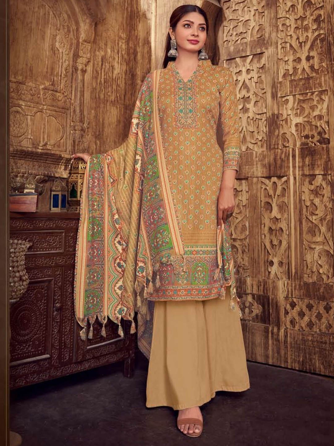 

REET MAHAL Ethnic Motifs Printed Pashmina Unstitched Dress Material, Mustard