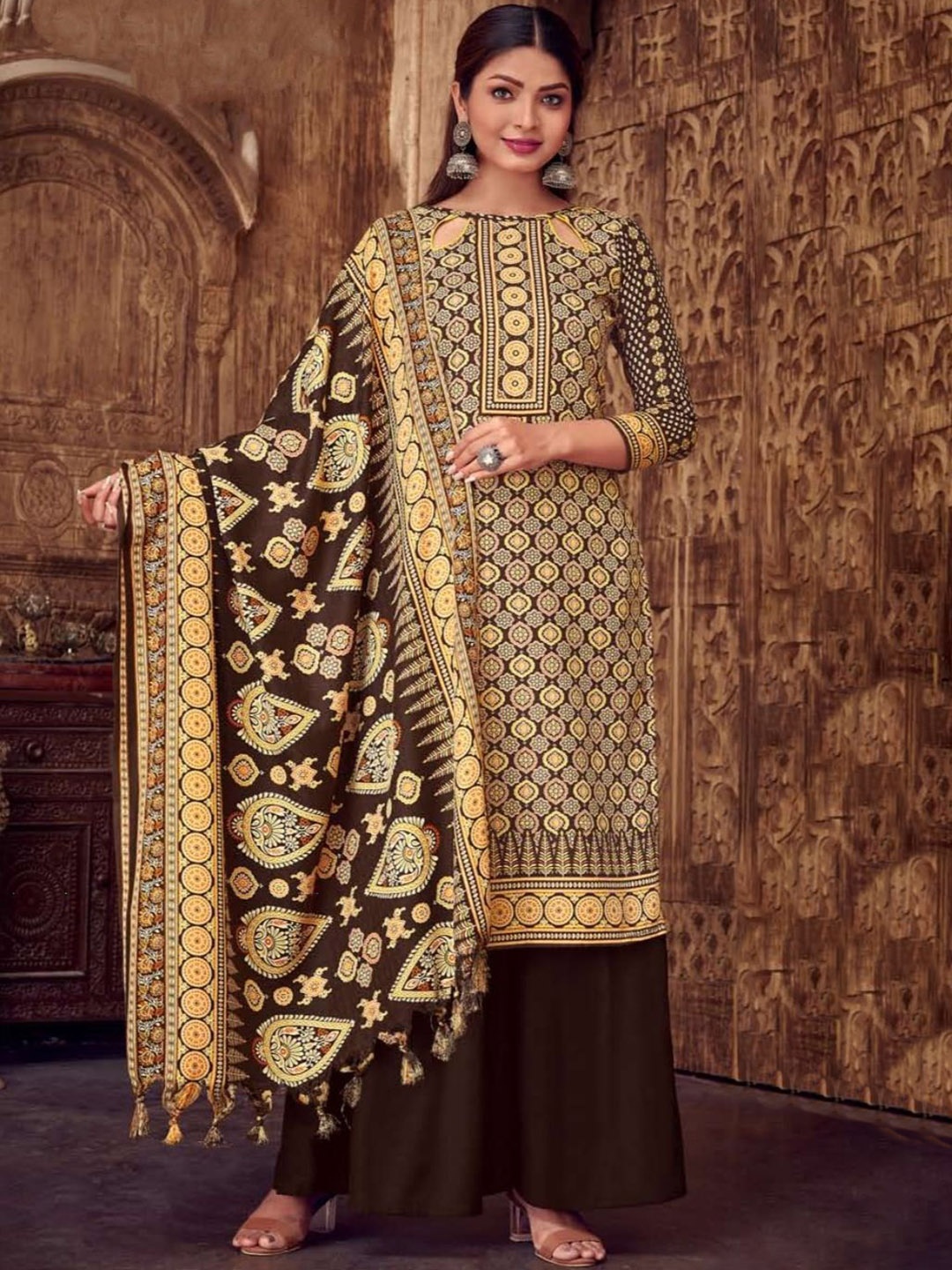 

REET MAHAL Ethnic Motifs Printed Pashmina Unstitched Dress Material, Brown