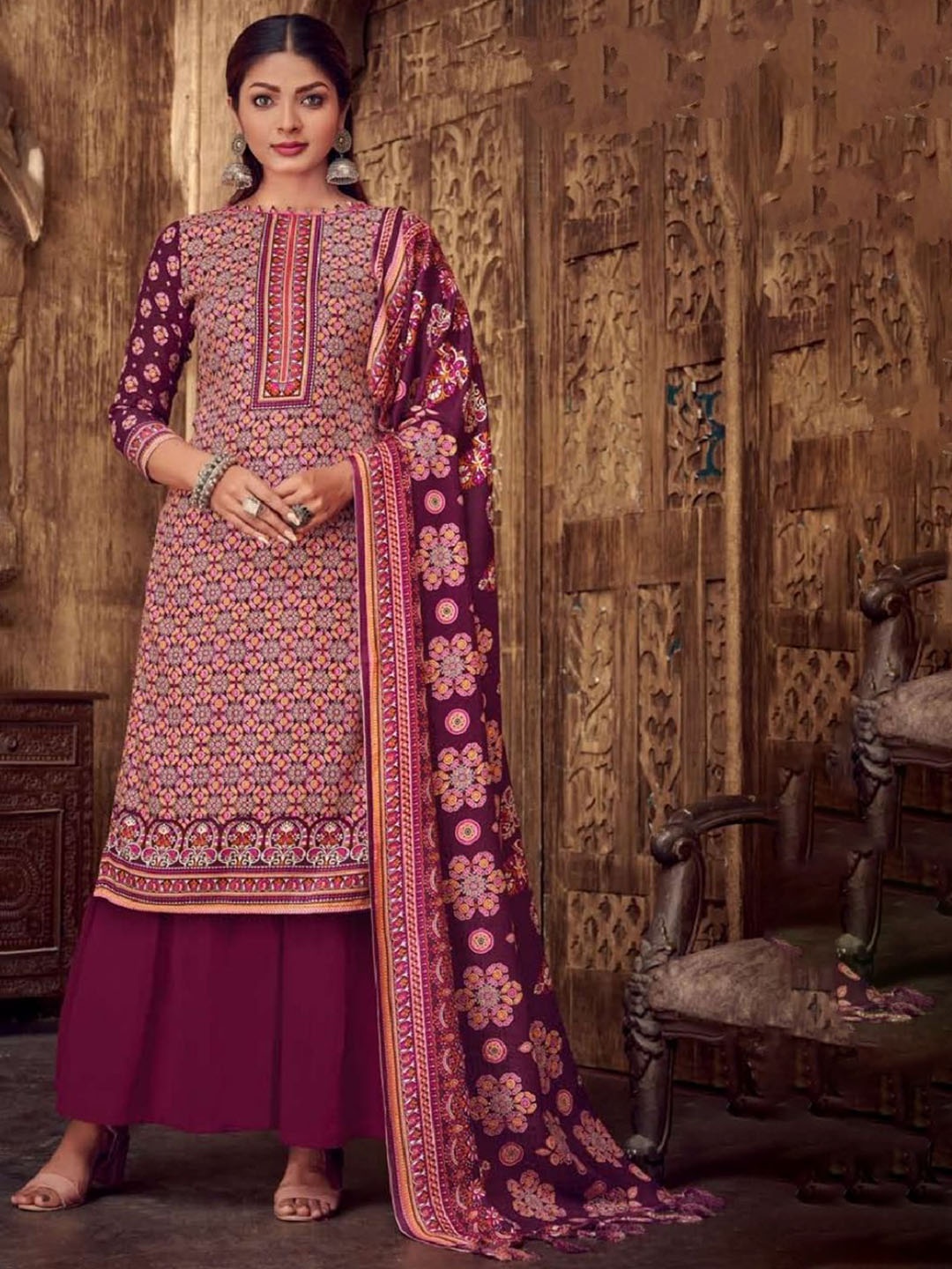 

REET MAHAL Floral Printed Pashmina Unstitched Dress Material, Purple