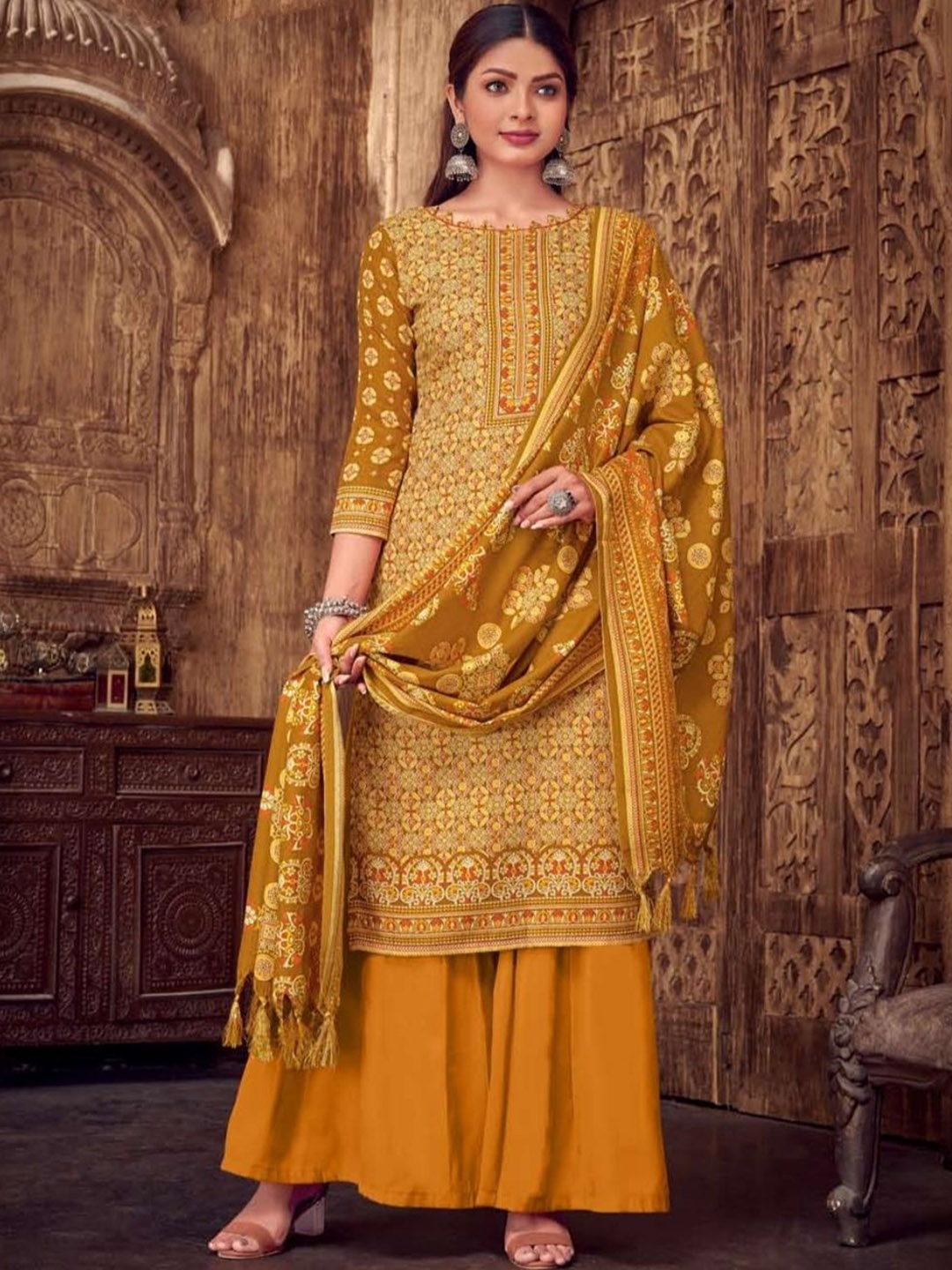 

REET MAHAL Ethnic Motifs Printed Pashmina Unstitched Dress Material, Yellow