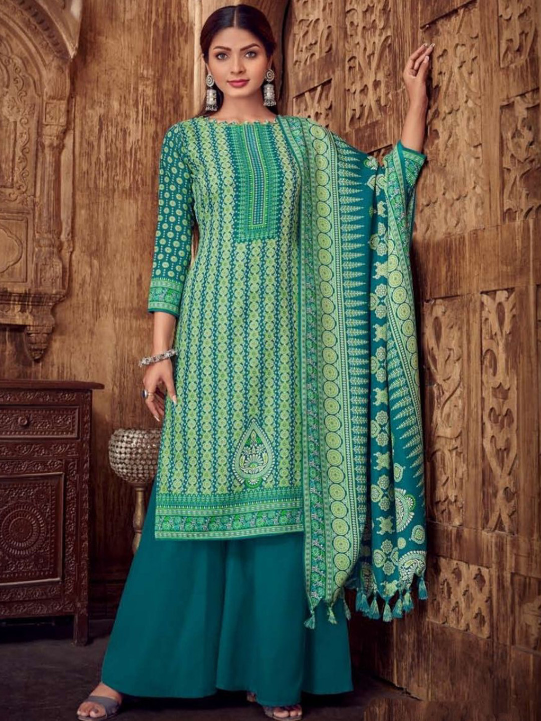 

REET MAHAL Ethnic Motifs Printed Pashmina Unstitched Dress Material, Blue
