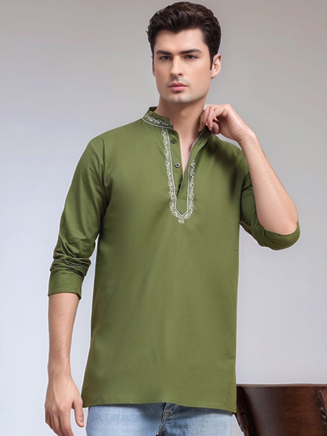 

Moda Rapido Ethnic Motifs Embroidered Cotton Mandarin Collar Short Kurta, Olive