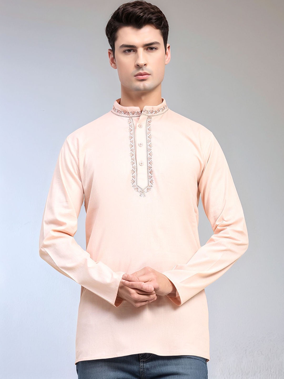 

Moda Rapido Ethnic Motifs Thread Work Mandarin Collar Pure Cotton Straight Kurta, Pink
