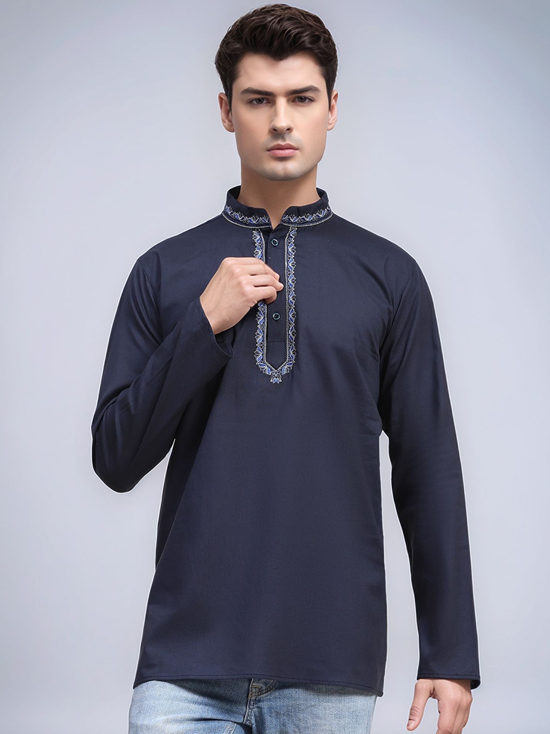 

Moda Rapido Ethnic Motifs Thread Work Mandarin Collar Pure Cotton Straight Kurta, Blue