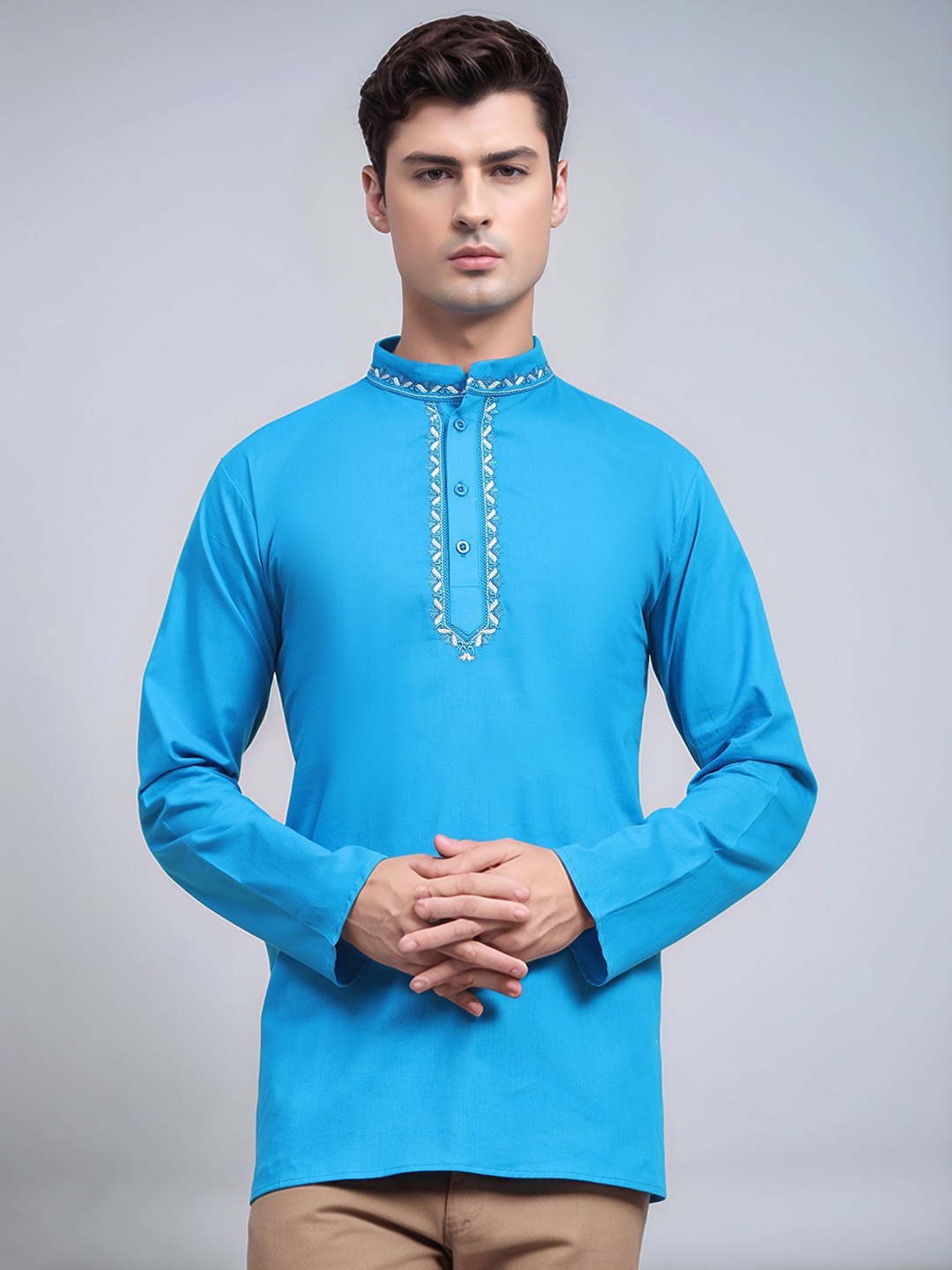 

Moda Rapido Ethnic Motifs Thread Work Mandarin Collar Pure Cotton Straight Kurta, Turquoise blue